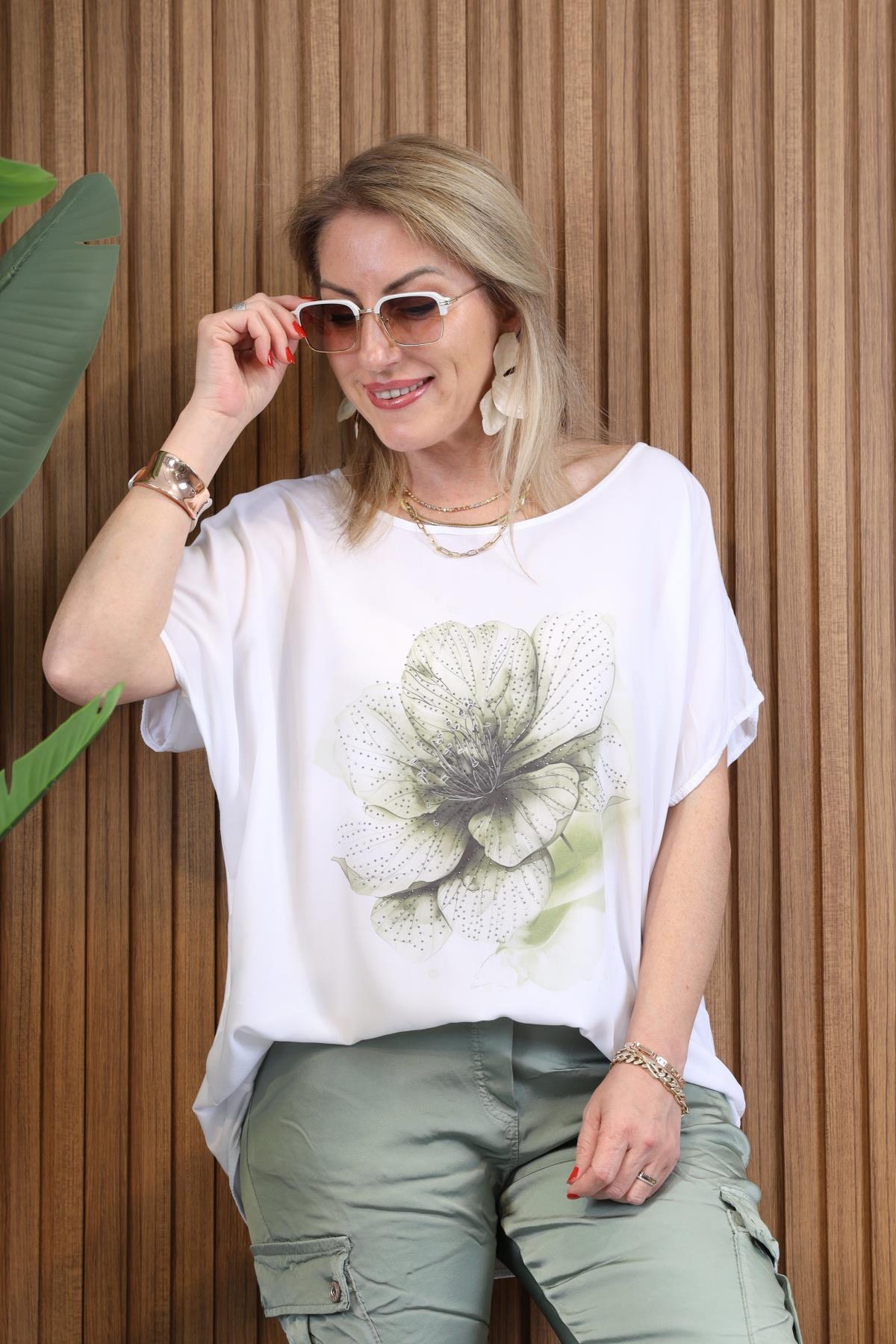 İthal Viskon Yeşil Çiçek Model Bluz