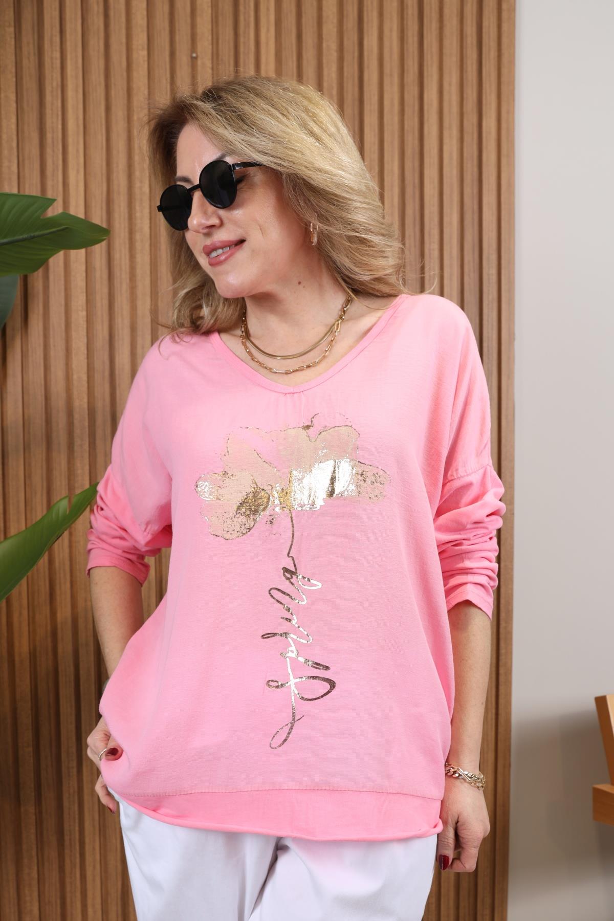 İthal Yaldızlı Karanfil Desen Pembe Bluz