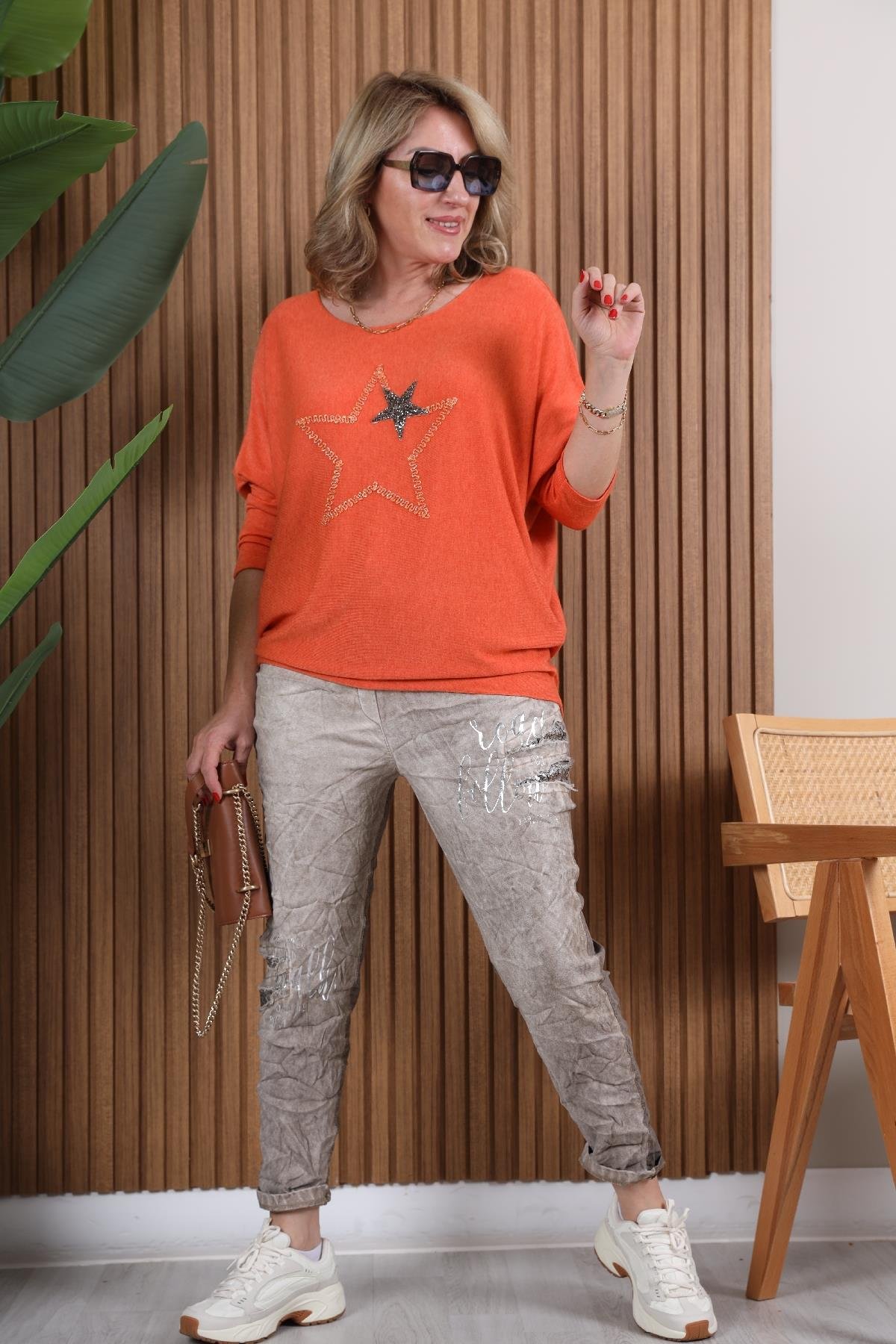 İthal Yıldız Desen Orange Bluz