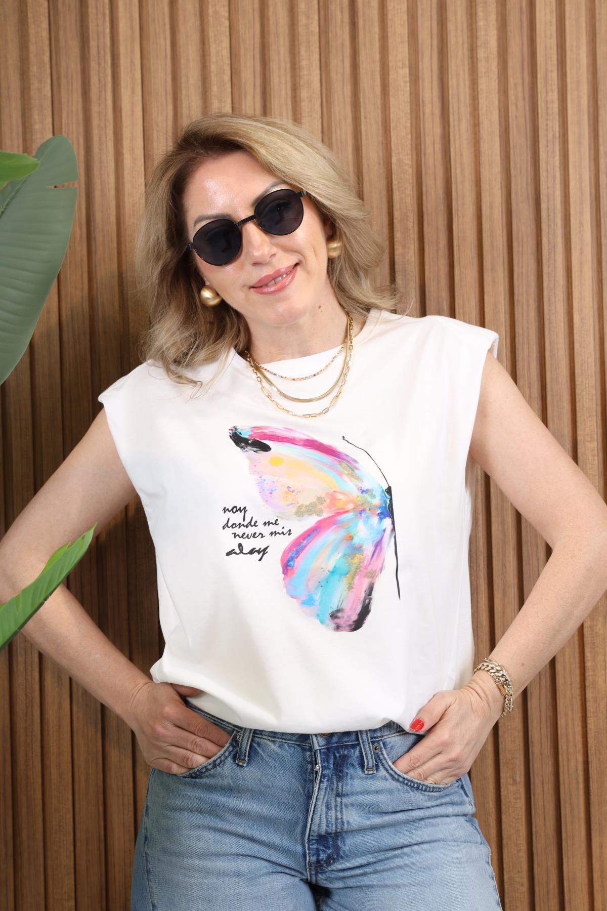Kanat Desen Vatkalı Ekru T-shirt