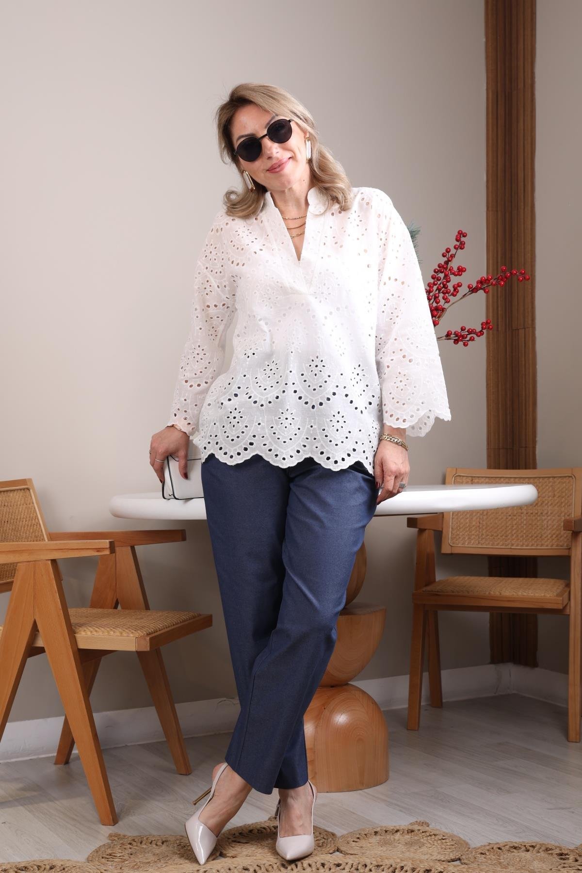 Lacivert Pileli Coton Pantolon