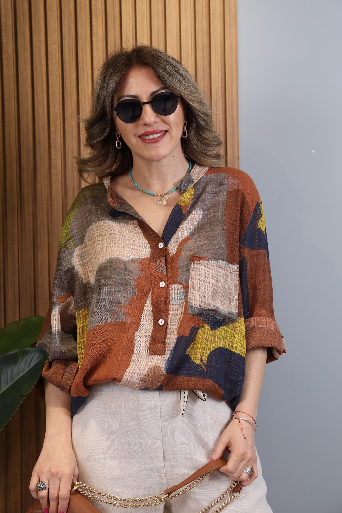 Patchwork Desen İthal Kahve Gömlek