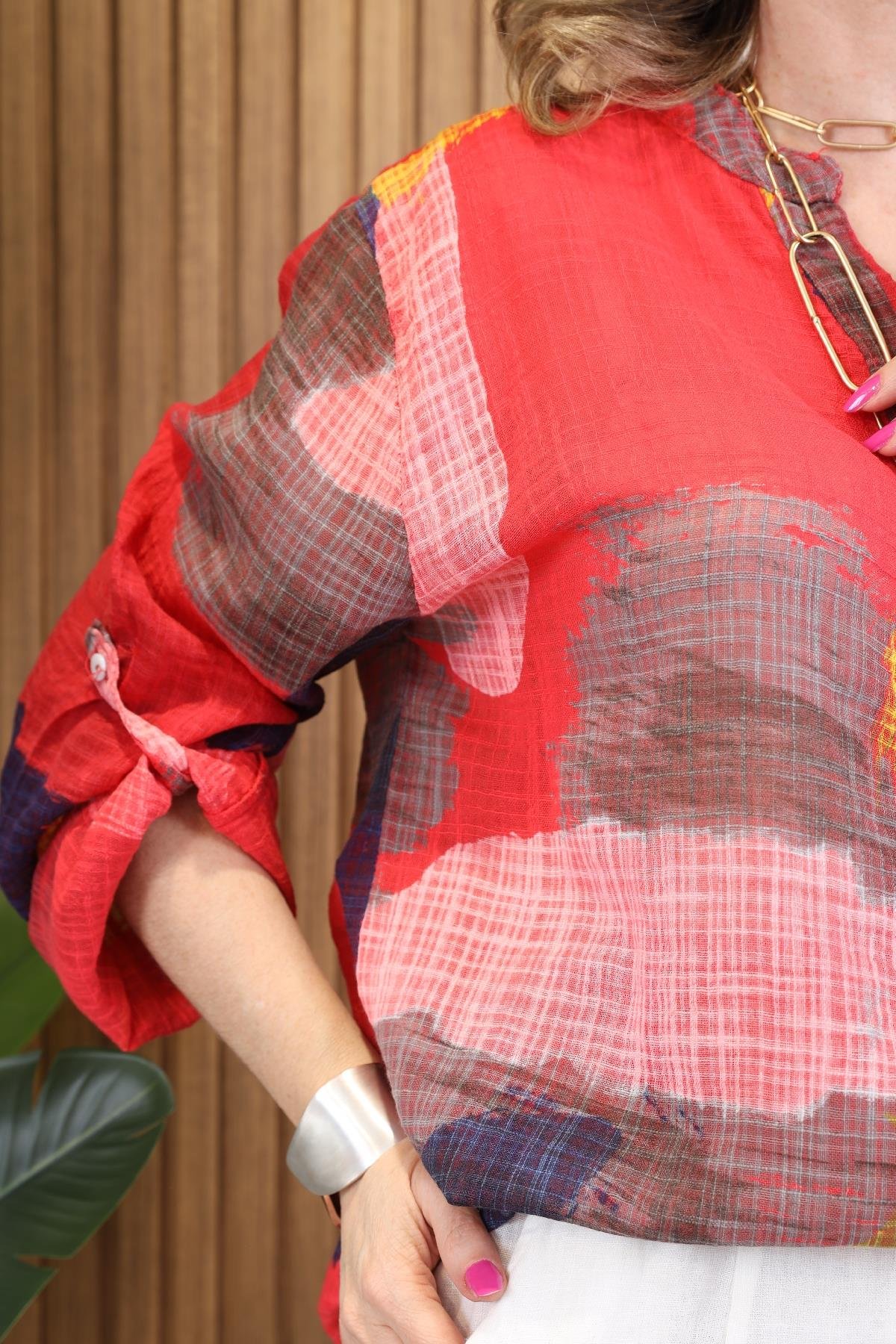 Patchwork Desen İthal Kırmızı Gömlek