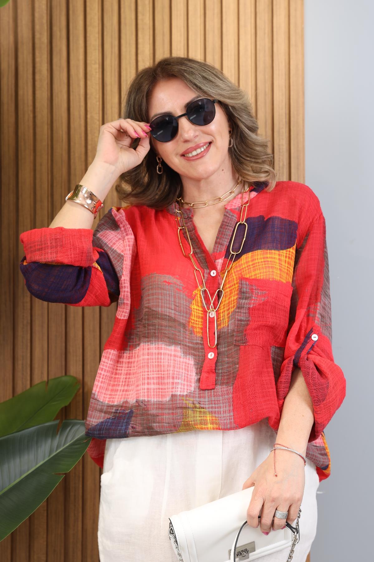 Patchwork Desen İthal Kırmızı Gömlek