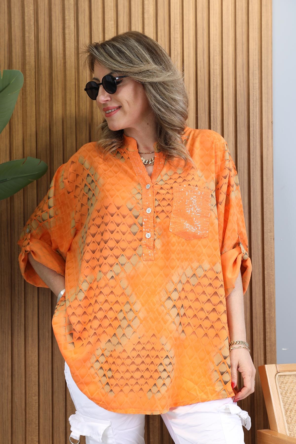 Pul Cep Baklava Desen İthal Orange Gömlek