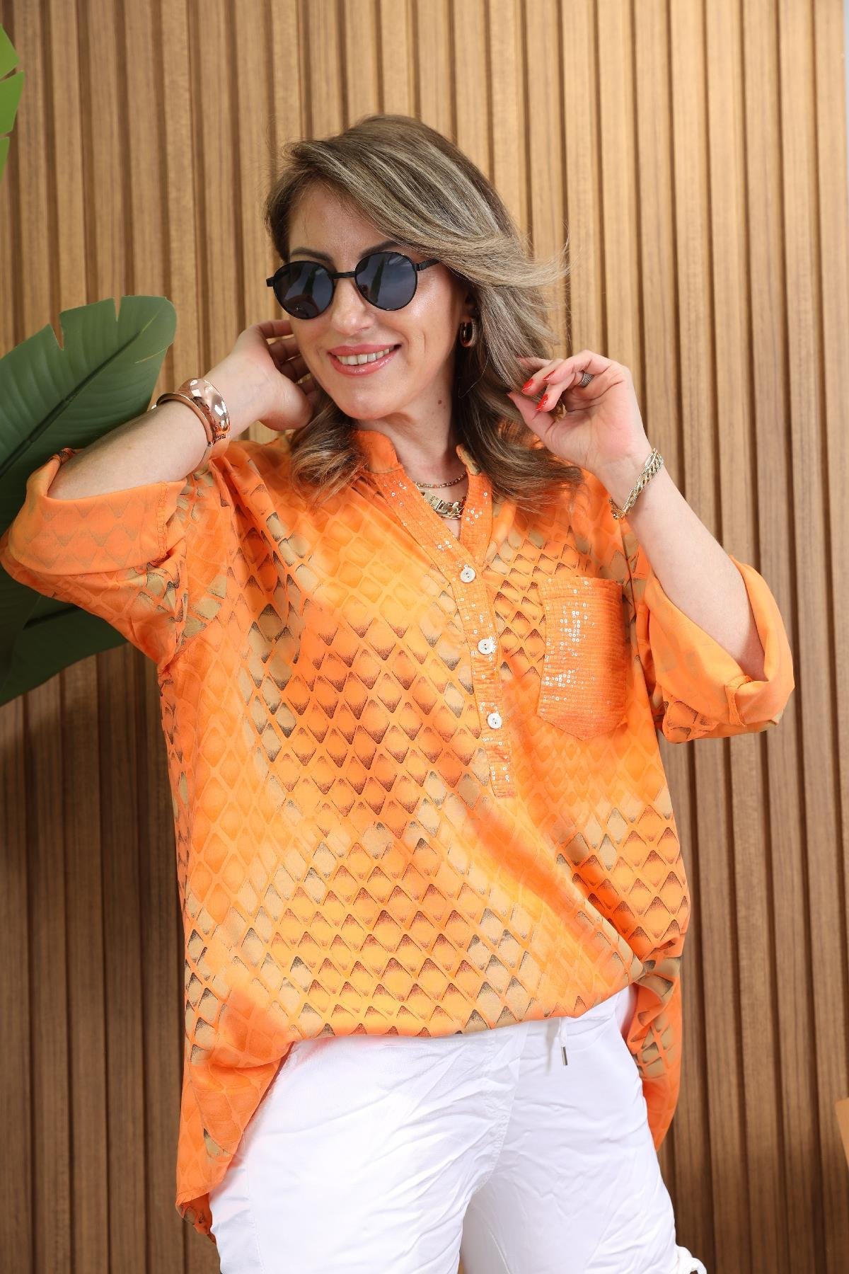Pul Cep Baklava Desen İthal Orange Gömlek