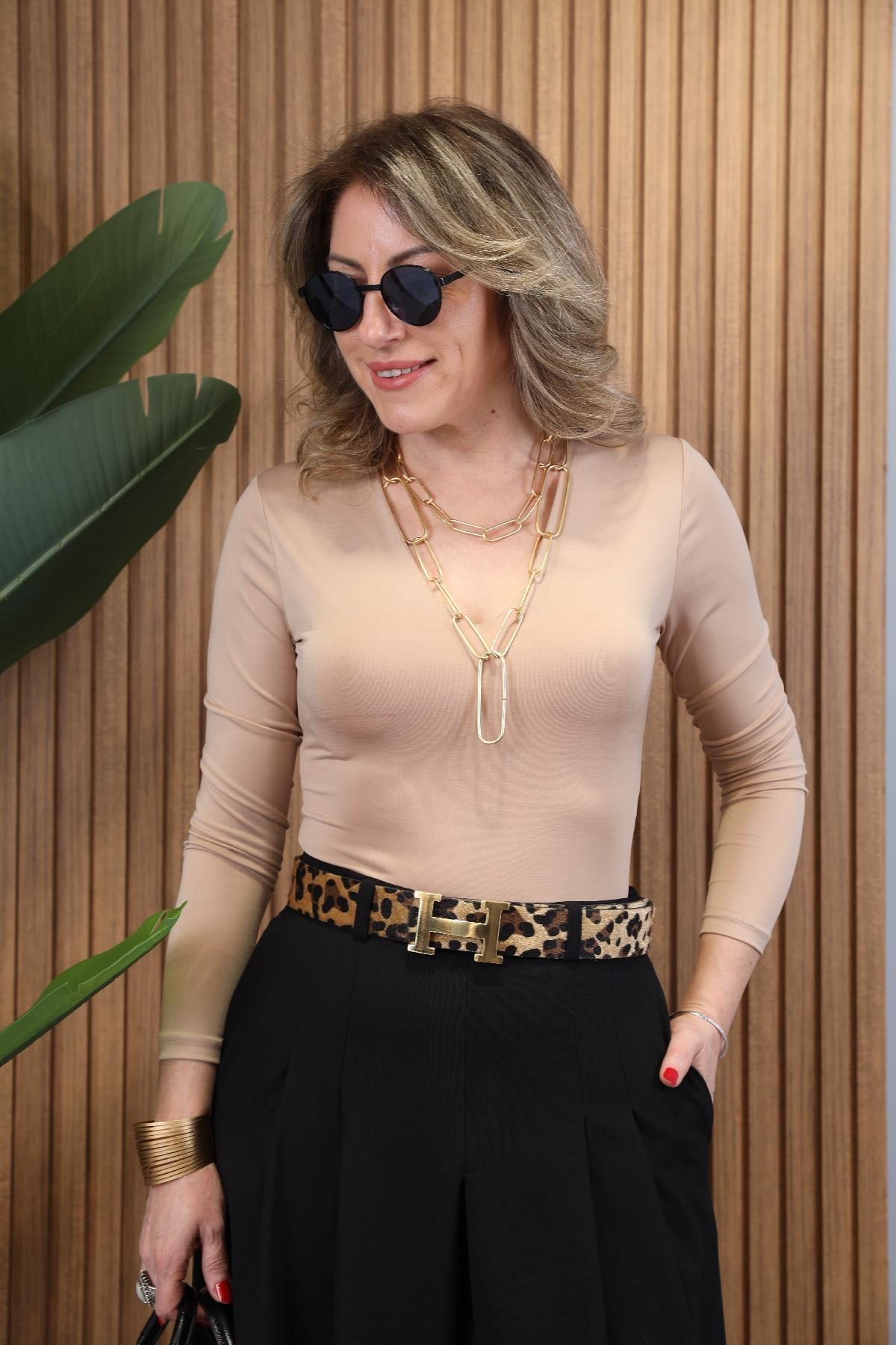 V Yaka Camel Zıbın Bodysuit