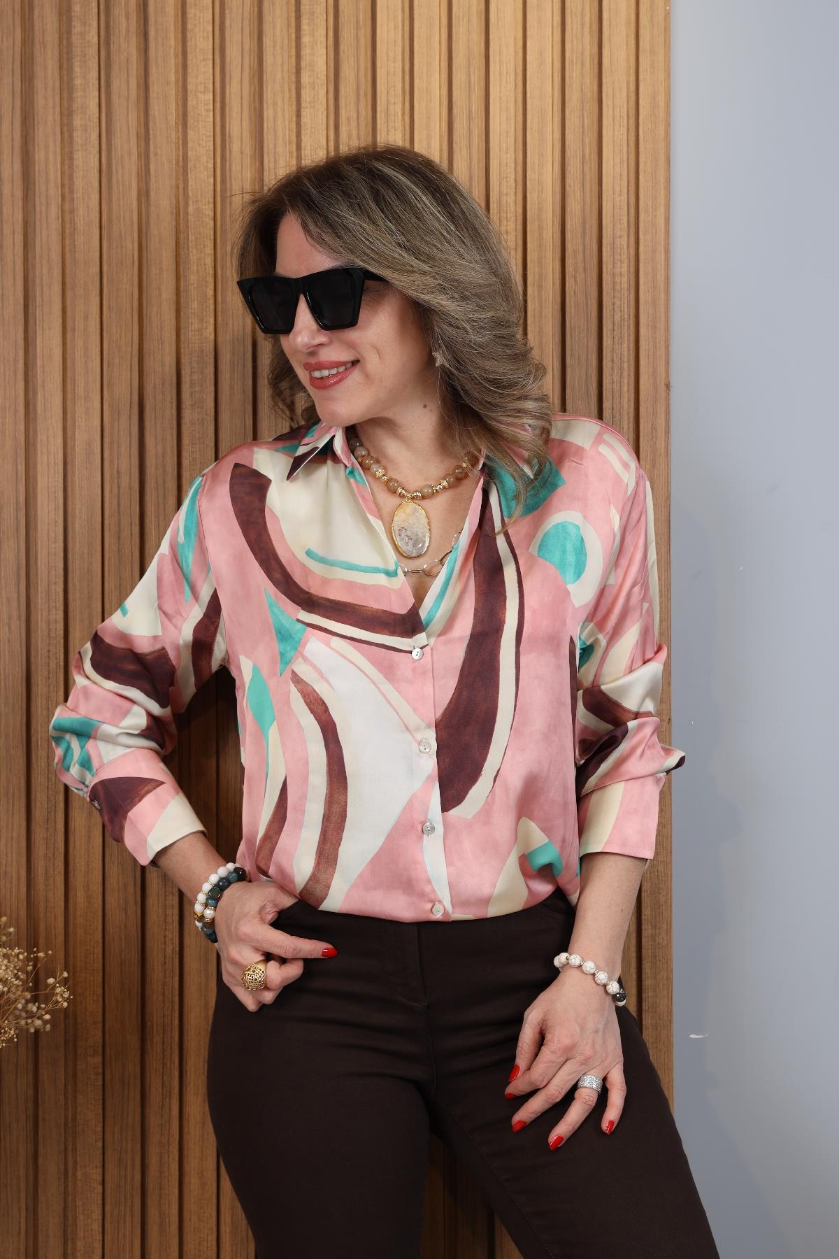  V-Neck Patterned Pink Satin Shirt