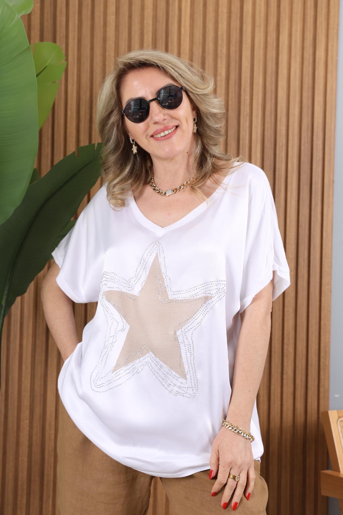 Yıldız Model İthal Saten Viskon Beyaz Bluz