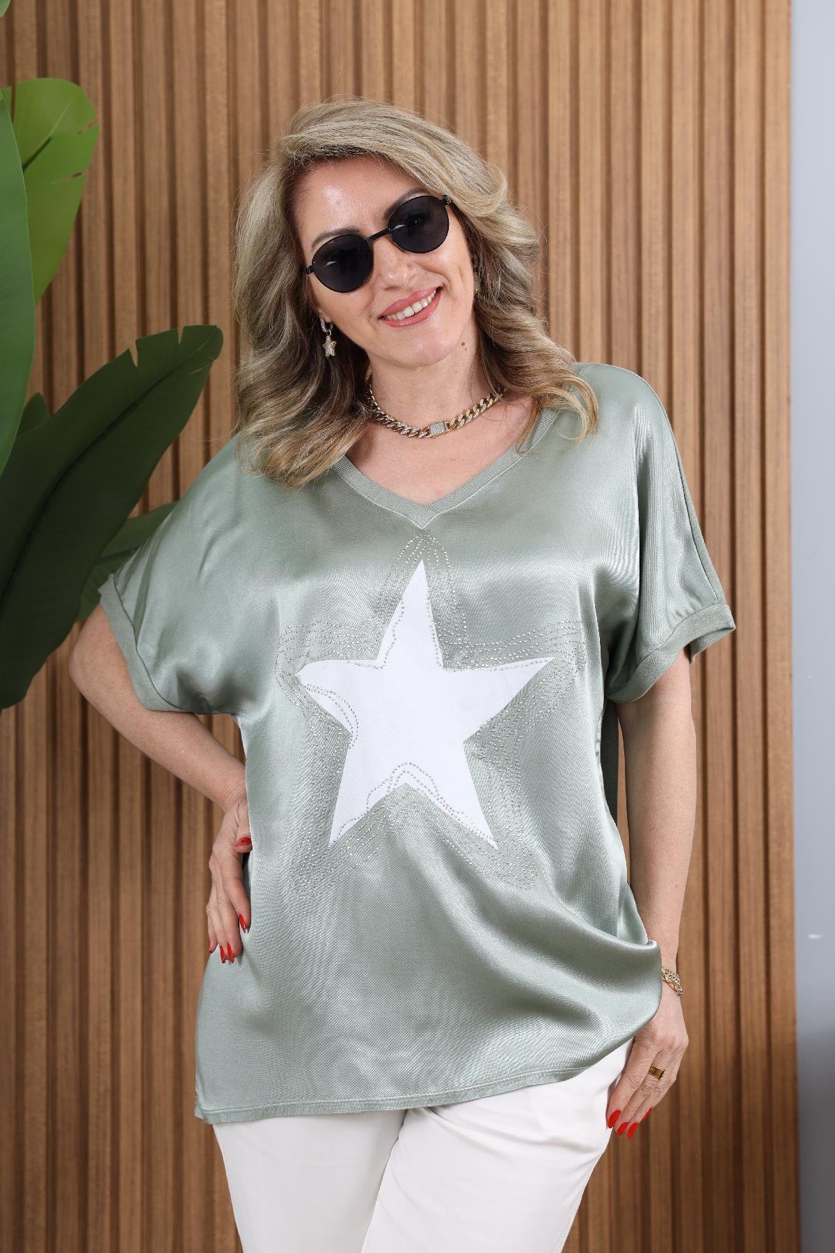 Yıldız Model İthal Saten Viskon Haki Bluz