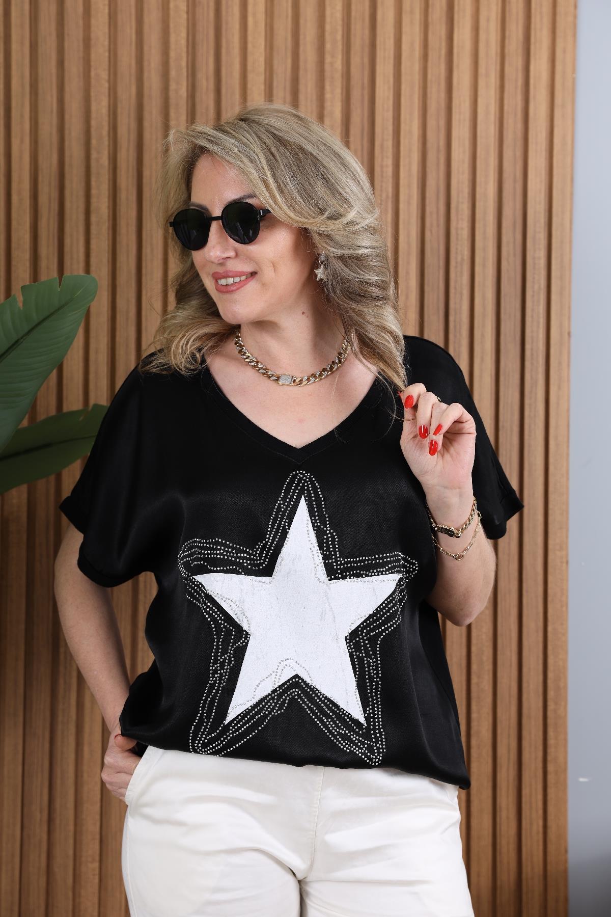 Yıldız Model İthal Saten Viskon Siyah Bluz