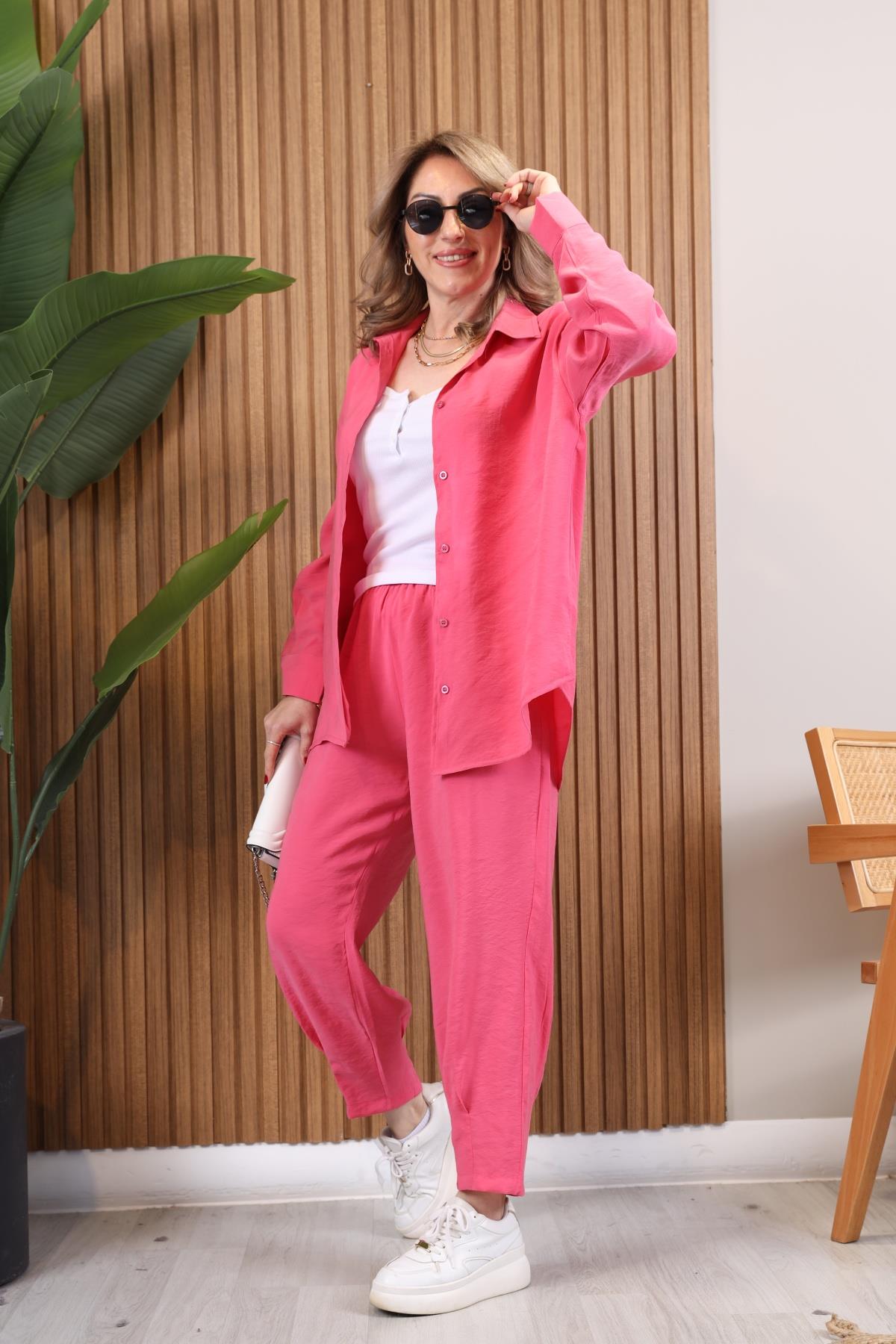 ZR Paça Detay Gömlekli Pembe Takım