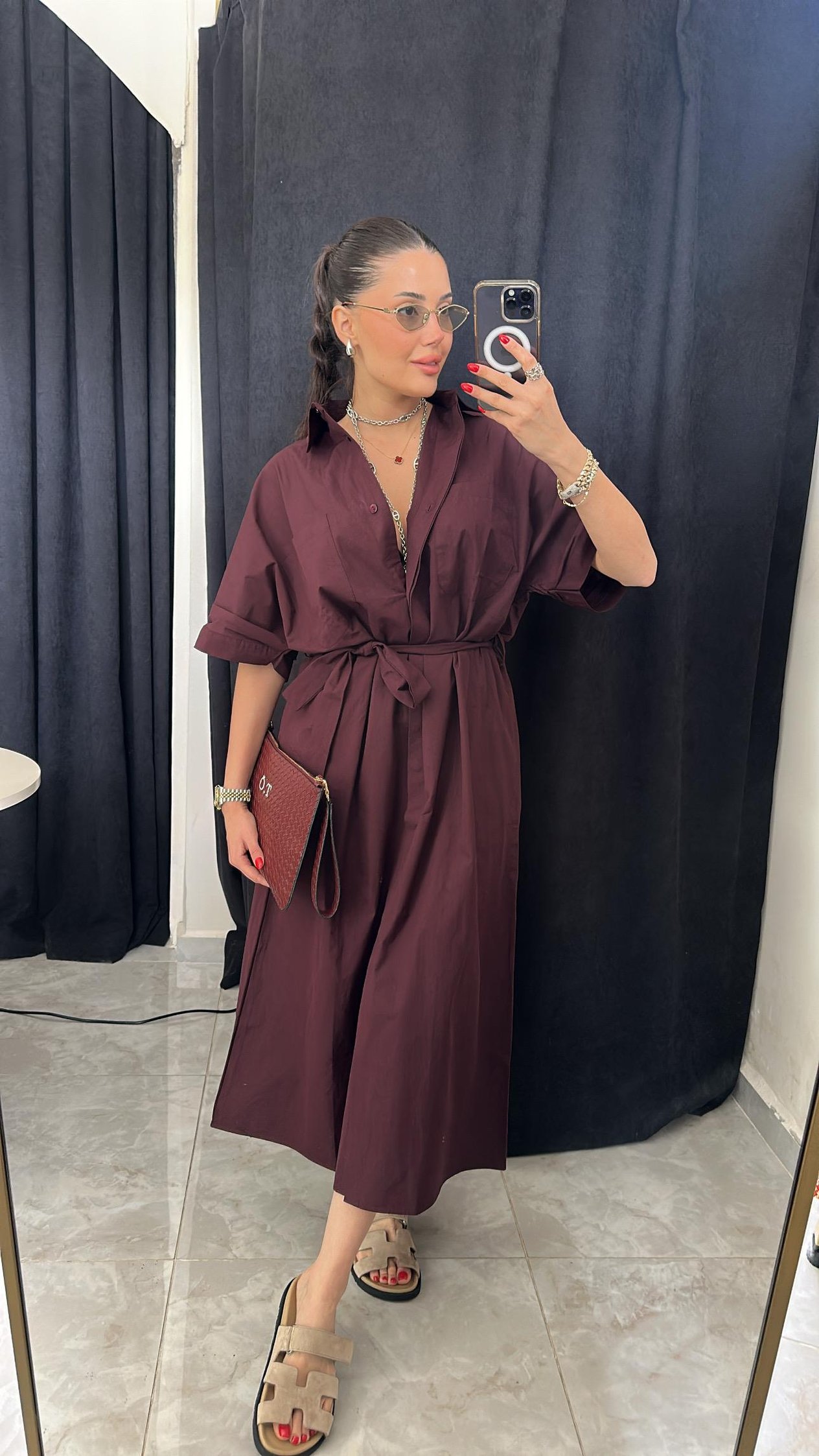 Kemerli Cepli Bordo Elbise