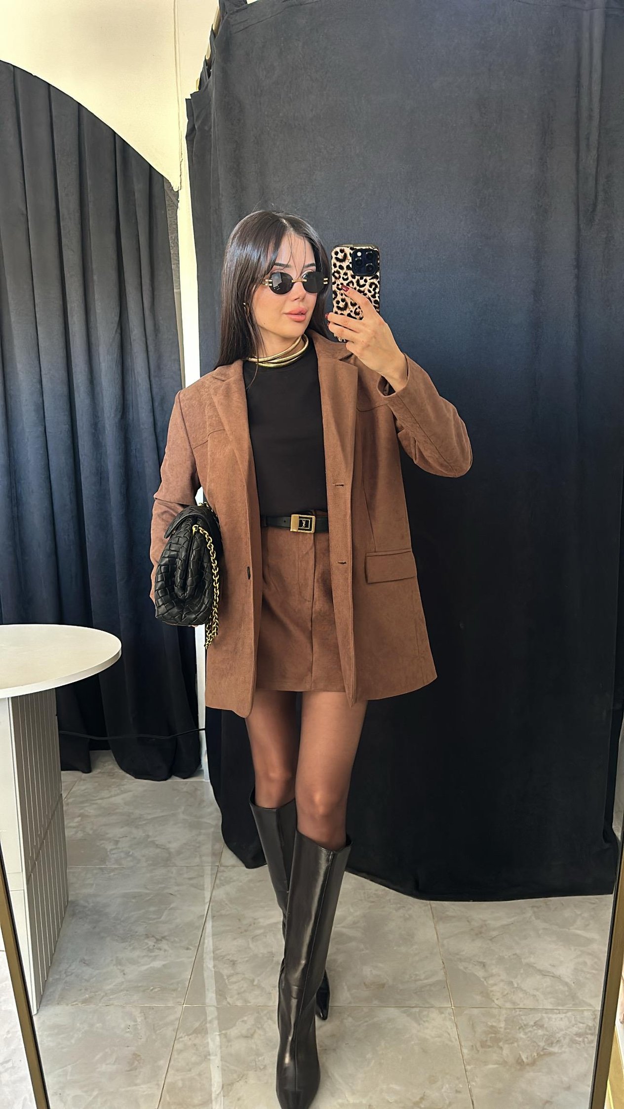 Vizon Süet Blazer-Etek Takım