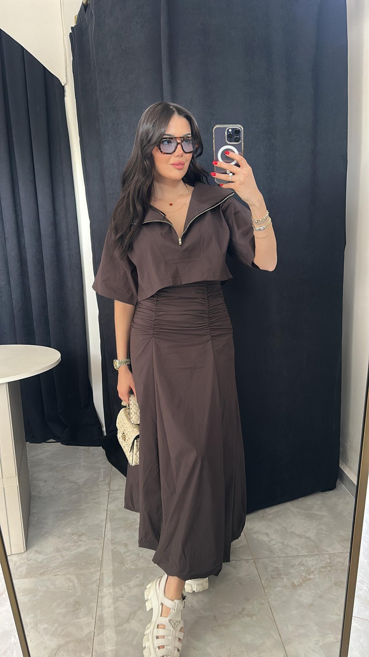 Poplin Kumaş Bel Detaylı Etek Kahverengi