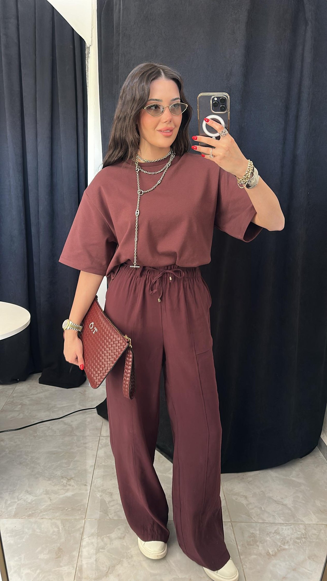 Bordo Beli Lastikli Pantolon