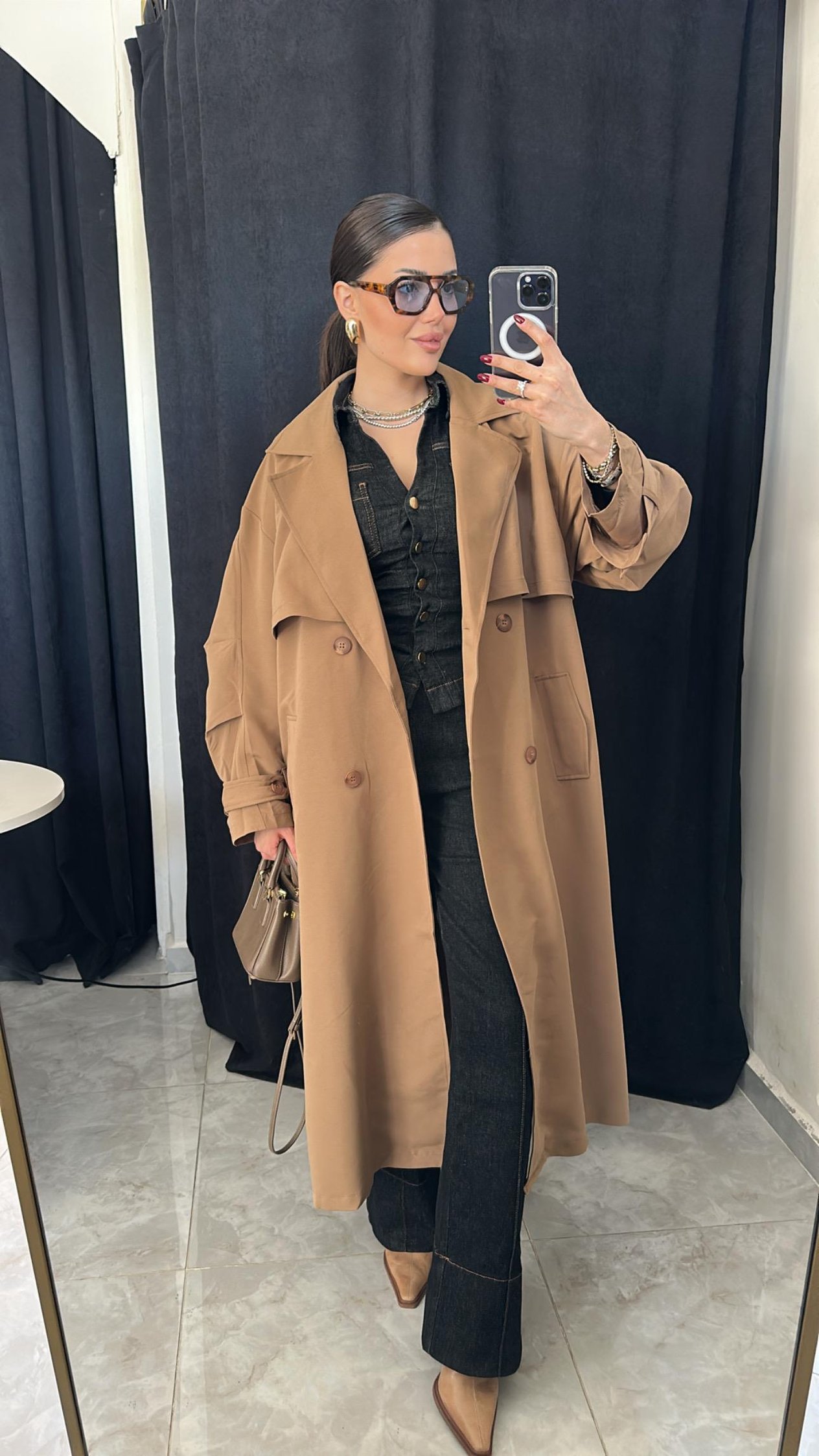 Premium Kuşaklı Kol Detaylı Tarçın Trenckot