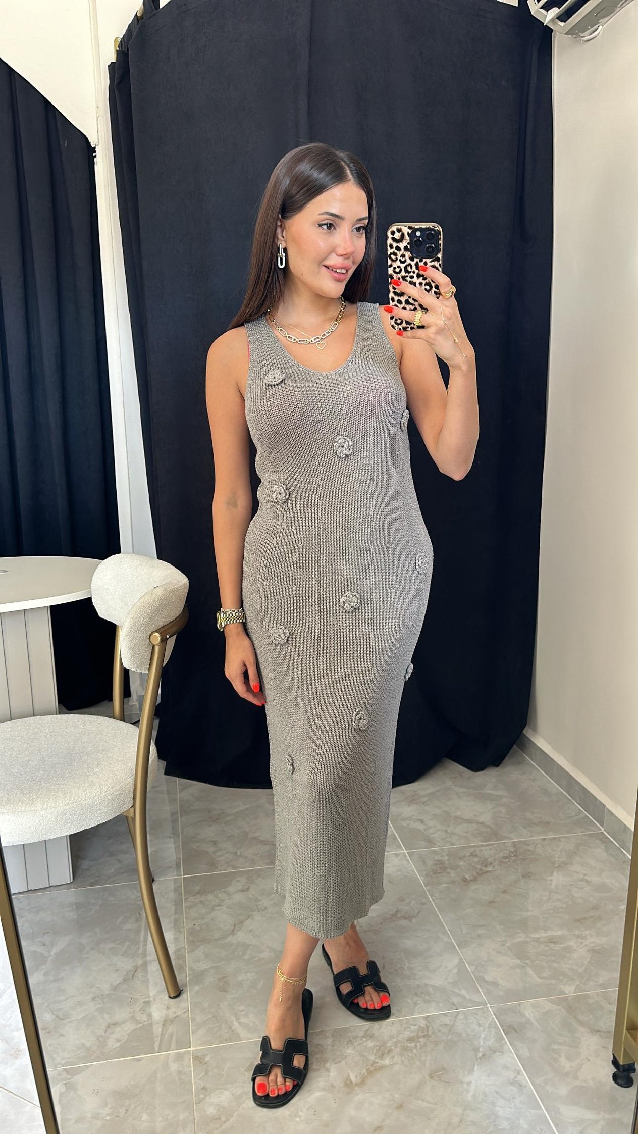 Gül Detaylı Triko Elbise Parlak Gri