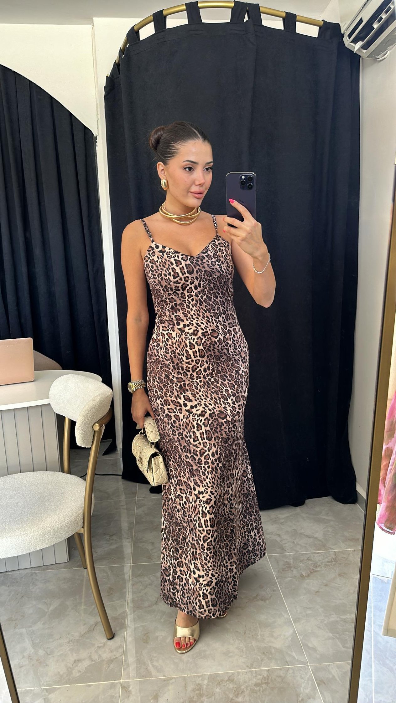 Leopar Askılı Midi Elbise