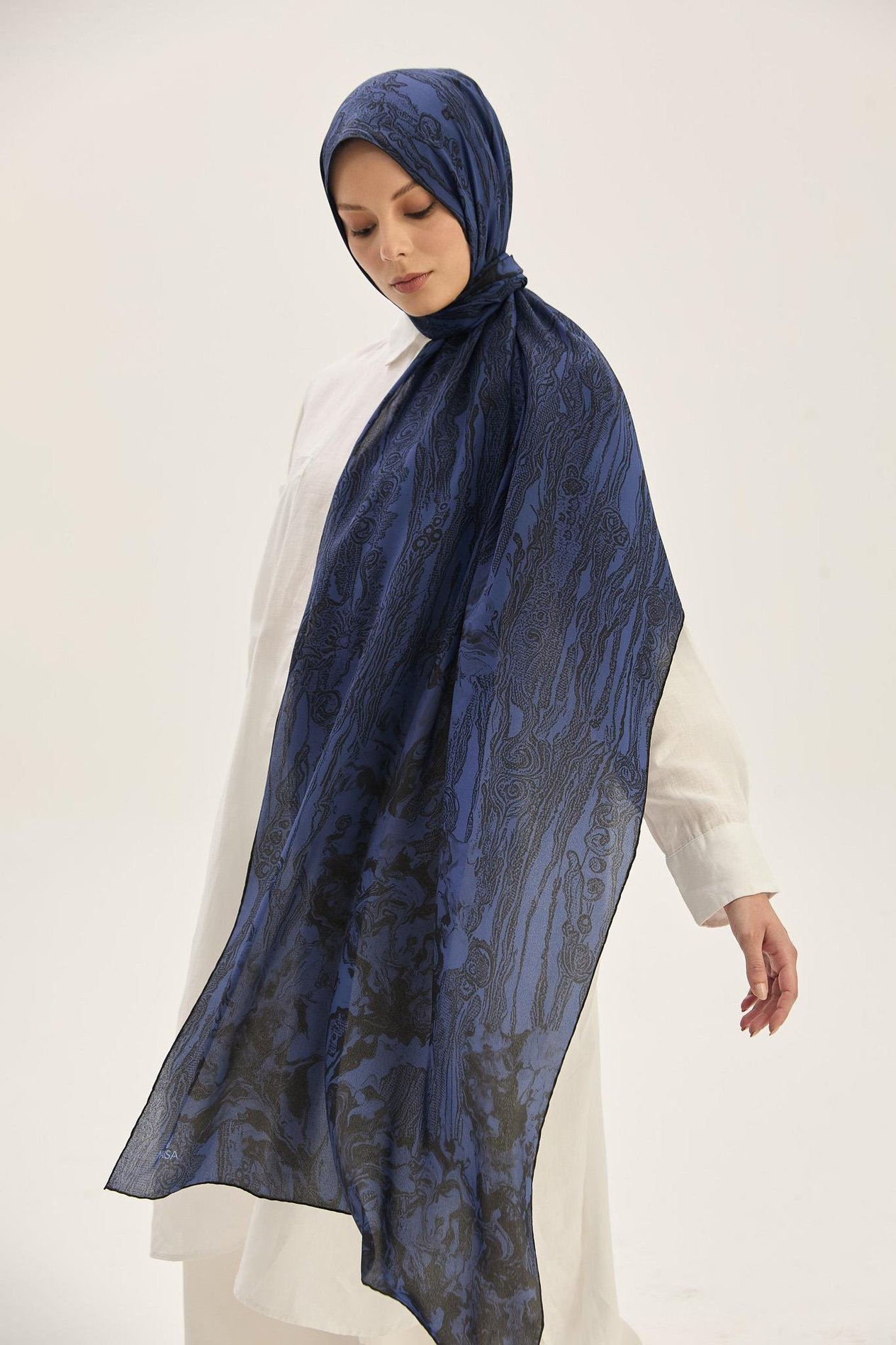 MECZ KREP İPEK ŞAL 70*190 CM - GECE MAVİSİ
