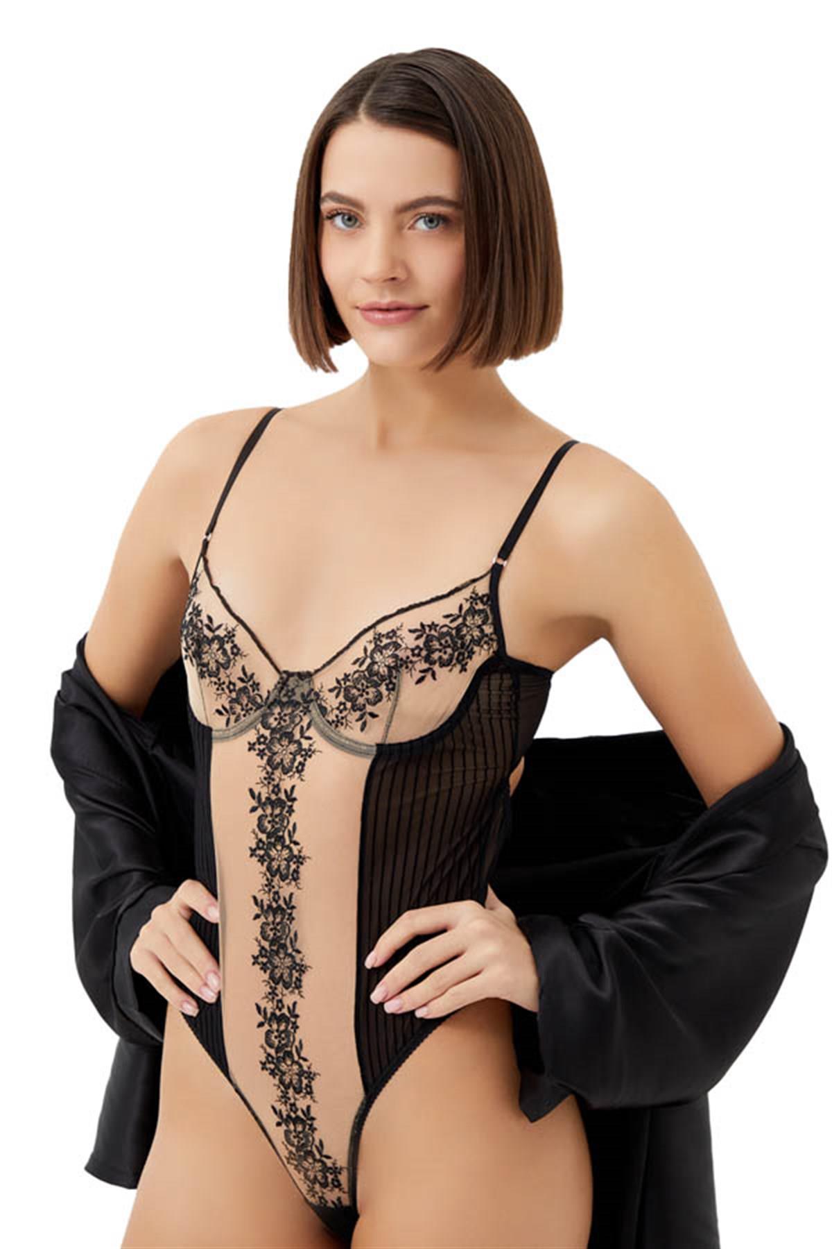 Black Flower Embroidery Wired Women Bodysuit CH1048