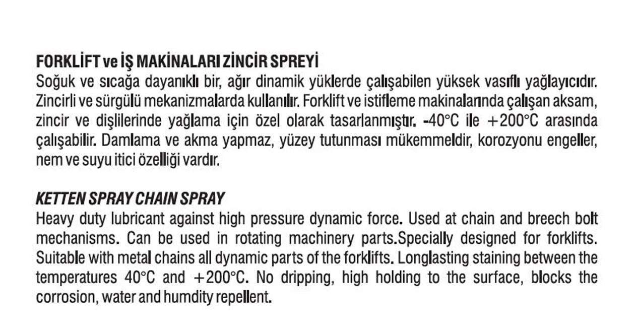 TECHNO-51700 - ZINCIR SPREY ( FORKLIFT VE IS MAKINALARI ICIN ) (400 ML.)*(24 AD.) / TECHNOSP