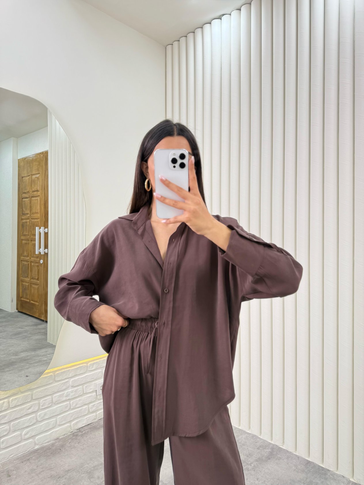 Acı Kahve Gömlek Beli Lastikli Pantolon Premium Tensel Takım Gaus00322GausTAKIMGU1001748