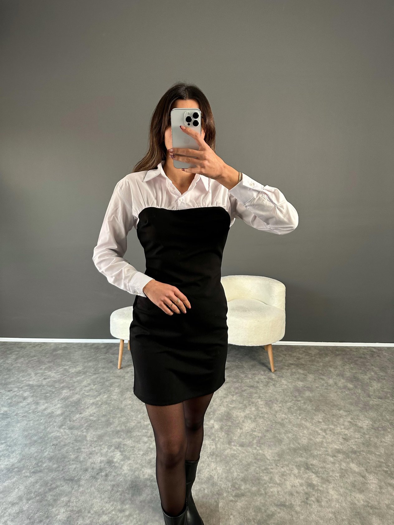 Siyah Gömlek Detaylı Elbise GausELBİSEGU002869