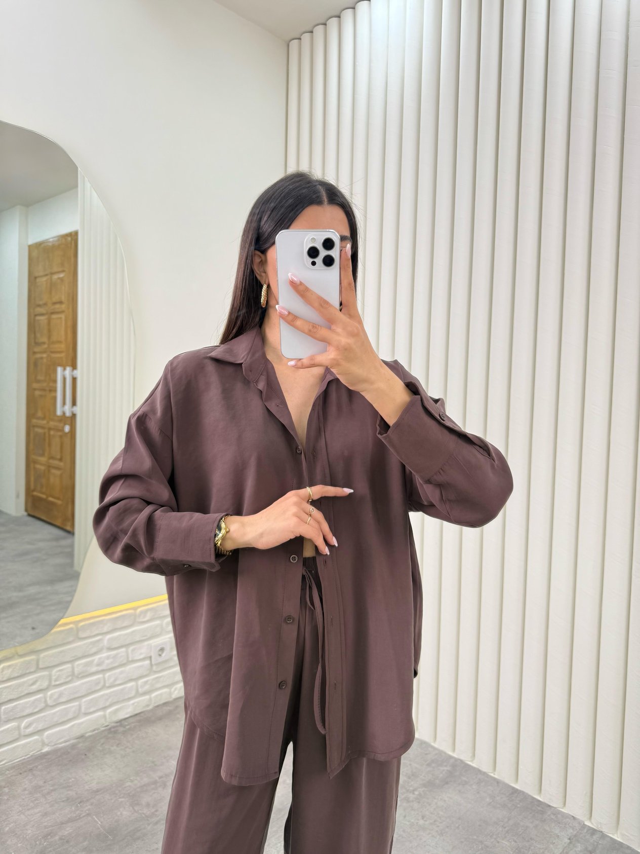 Acı Kahve Gömlek Beli Lastikli Pantolon Premium Tensel Takım Gaus00322GausTAKIMGU1001748