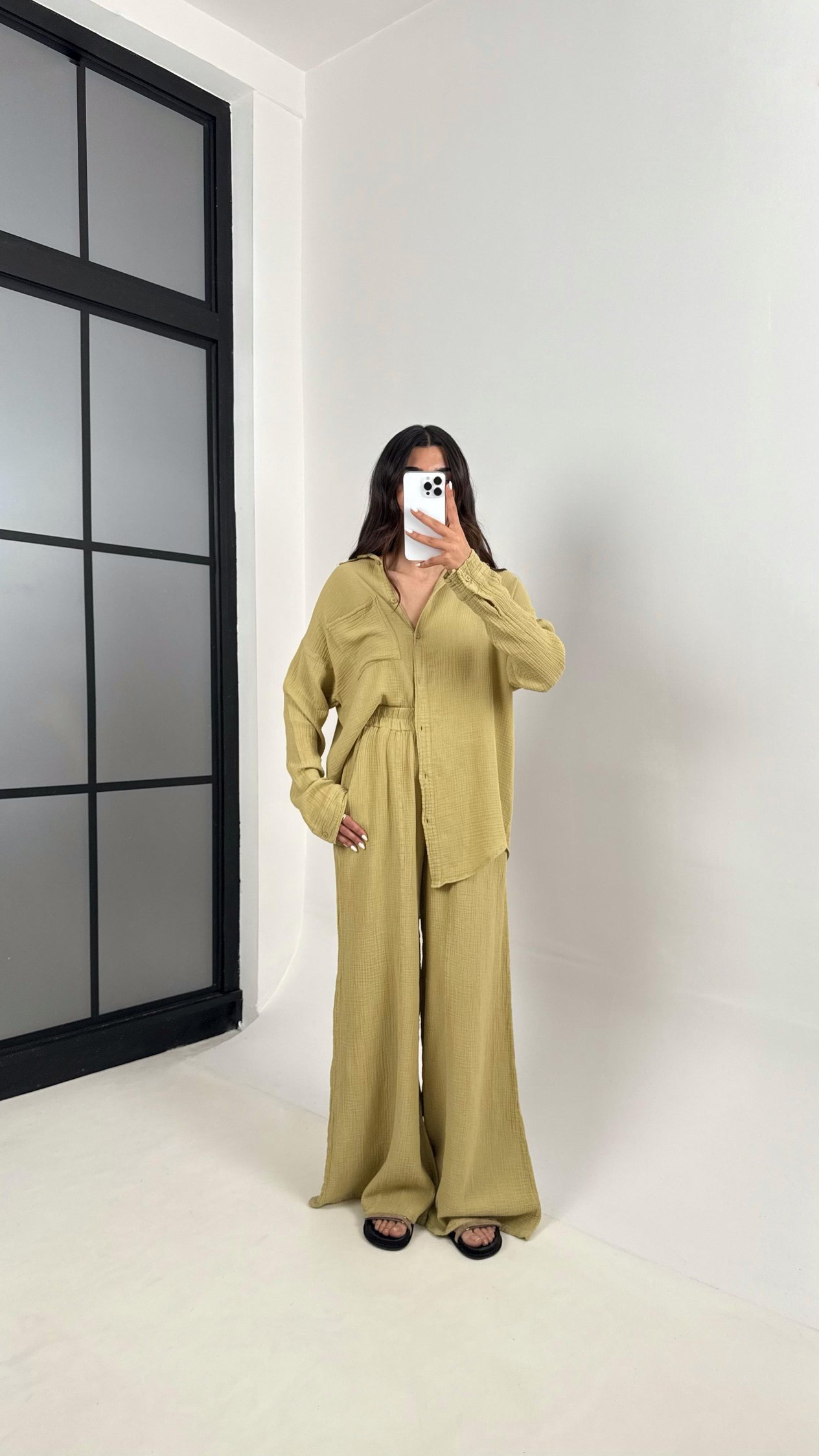 Yeşil Önü Düğmeli Cepli Gömlek Beli Lastikli Pantolon Müslin Takım MSLN01 Gaus00385GausTAKIMGU1001898