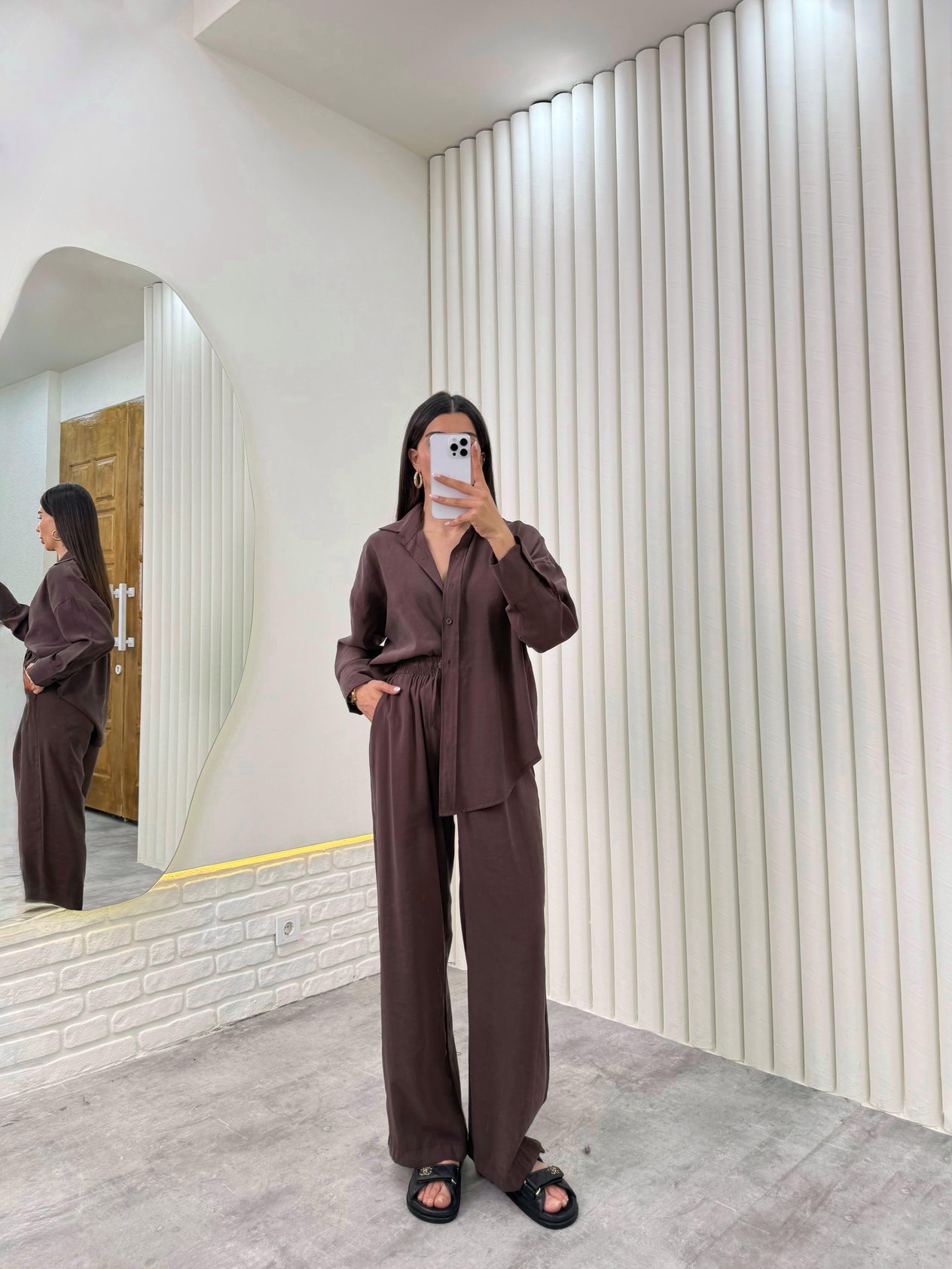 Acı Kahve Gömlek Beli Lastikli Pantolon Premium Tensel Takım Gaus00322GausTAKIMGU1001748