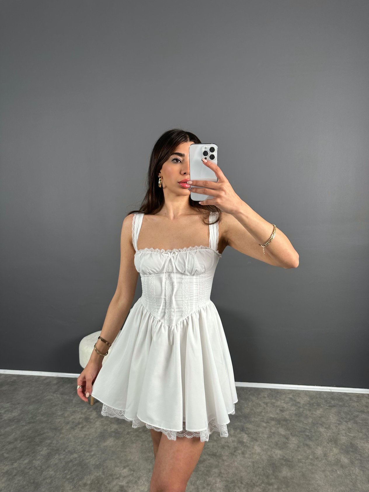Beyaz Dantelli Prenses Mini Elbise GausELBİSEGU007944