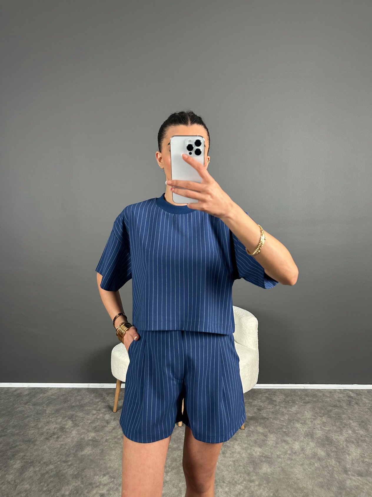 Lacivert Çizgili Şort Tshirt İkili TakımGausTAKIMGU004719