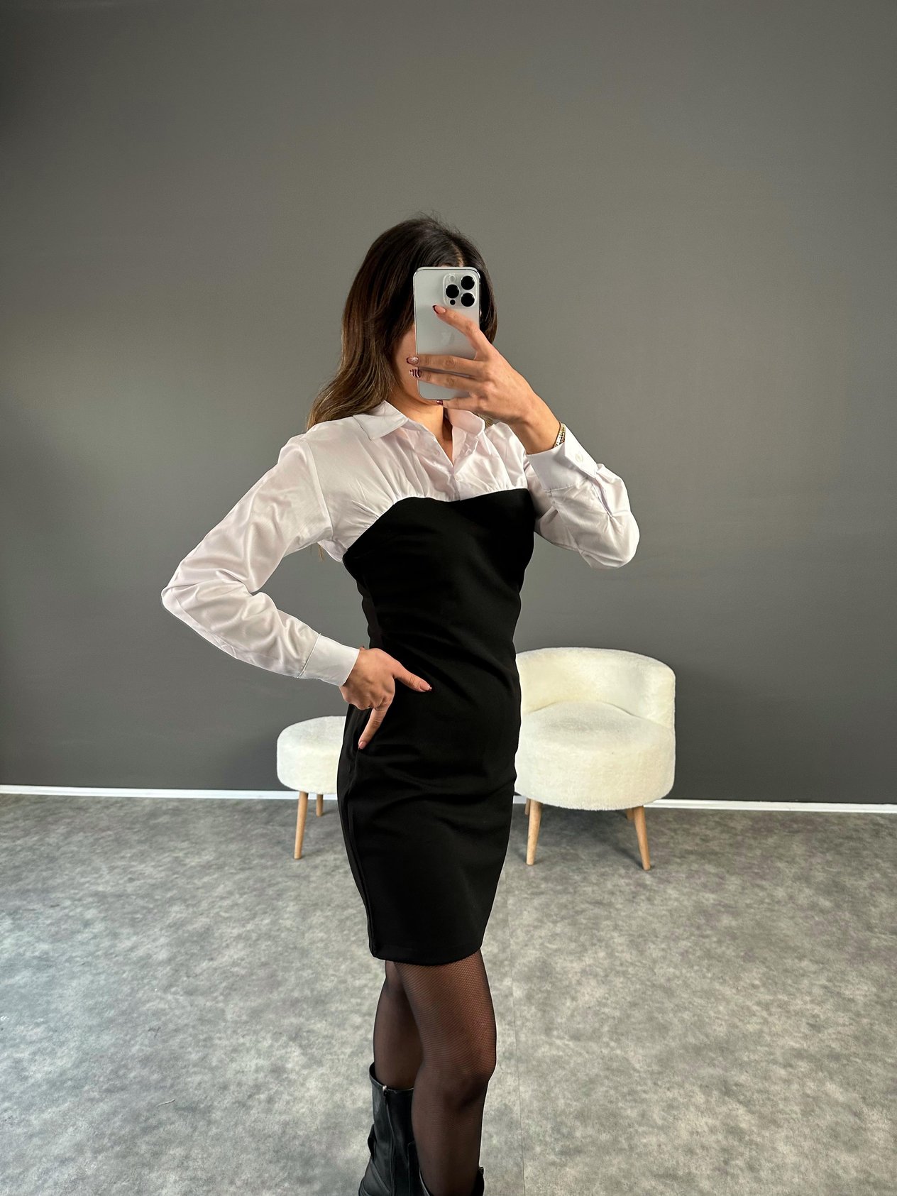 Siyah Gömlek Detaylı Elbise GausELBİSEGU002869