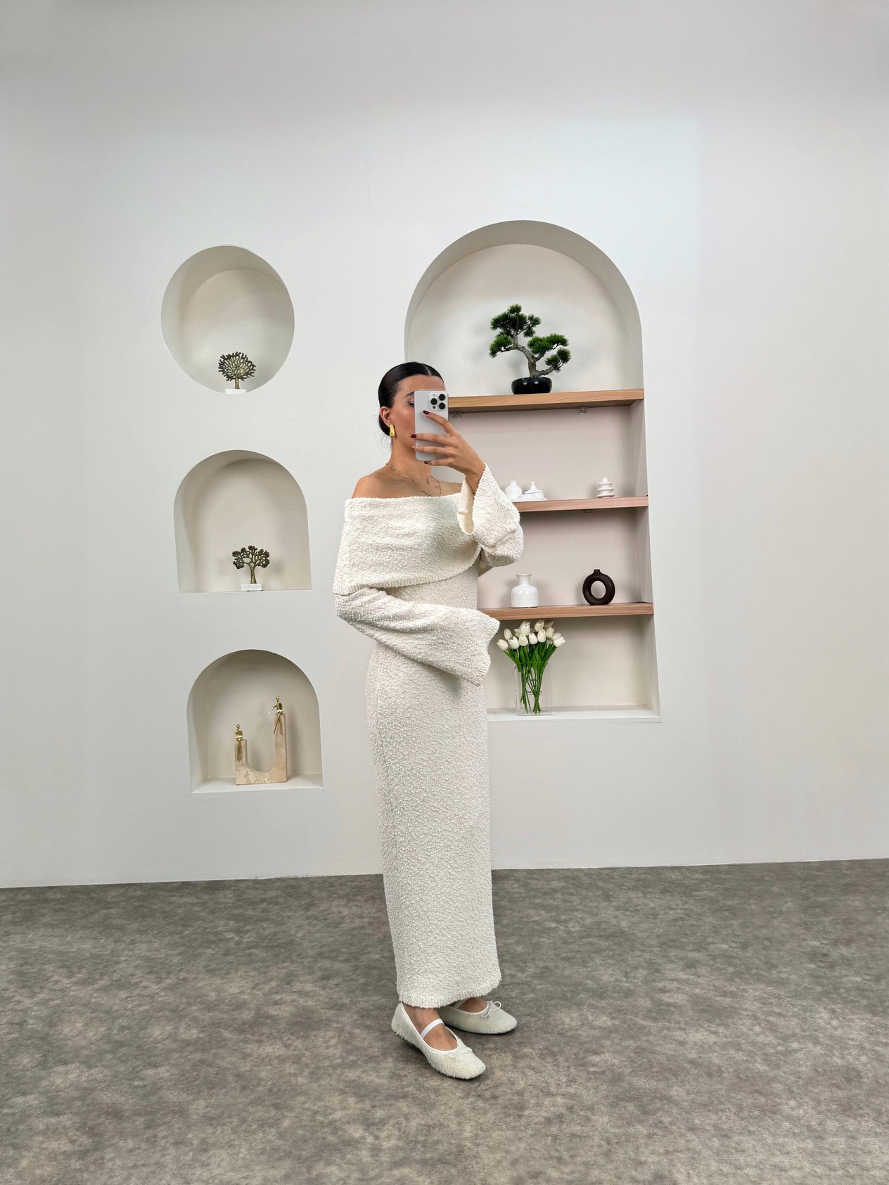 Nancy Ekru Kayık Yaka Triko Tasarım ElbiseGausELBİSEGU00903679