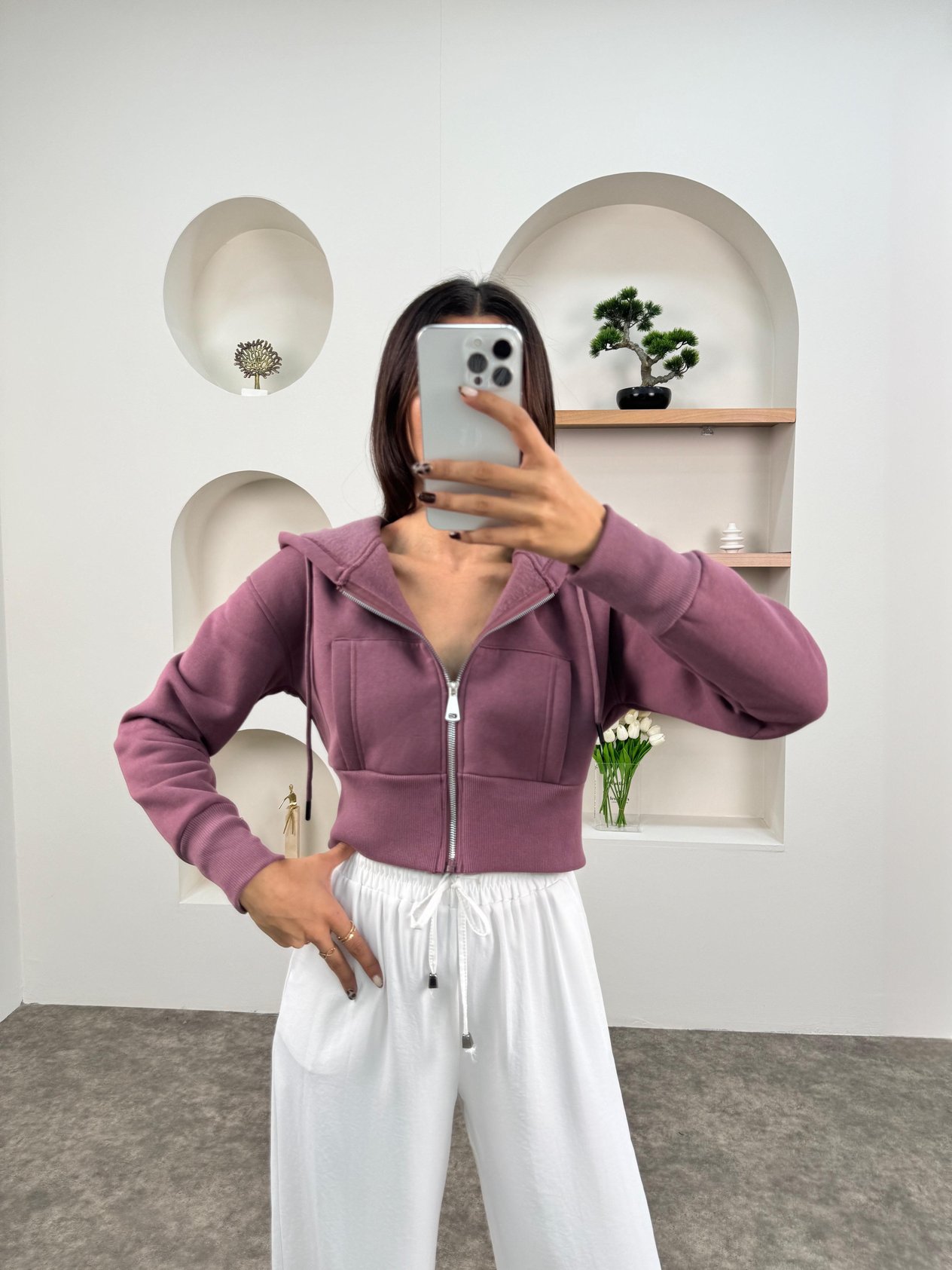 Nerma Gül Kurusu Kapüşonlu Fermuarlı Kısa Sweatshirt