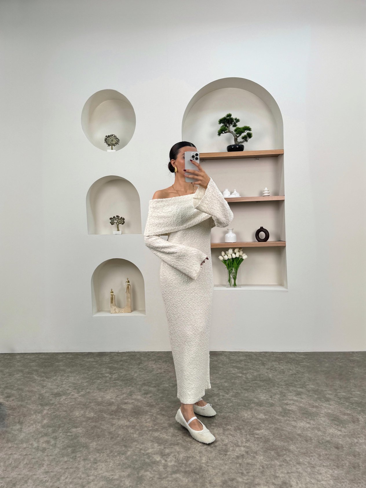 Nancy Ekru Kayık Yaka Triko Tasarım ElbiseGausELBİSEGU00903679