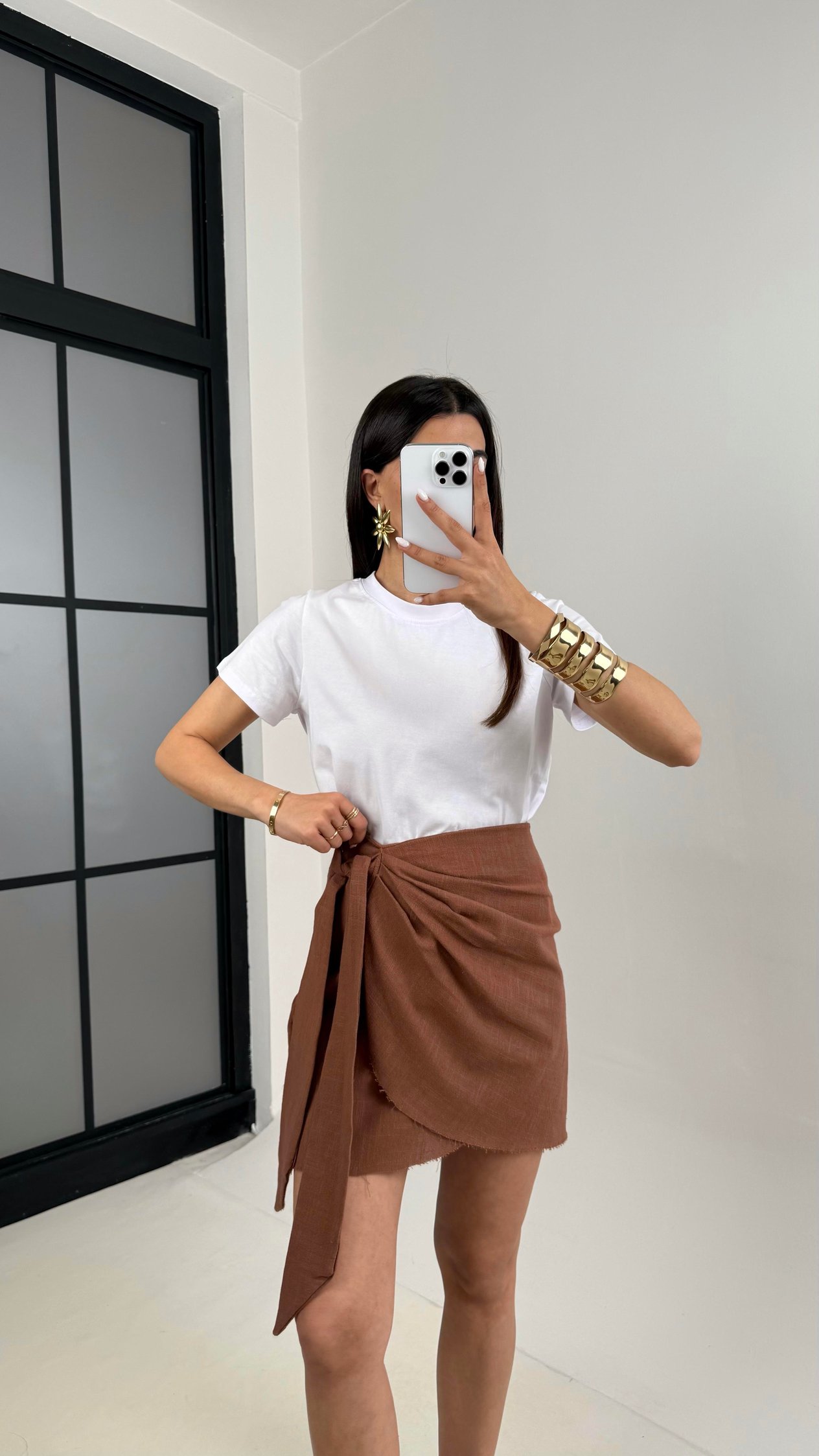 Kahve Yan Bağlama Detaylı Keten Etek Gaus00435GausETEKGU1002024
