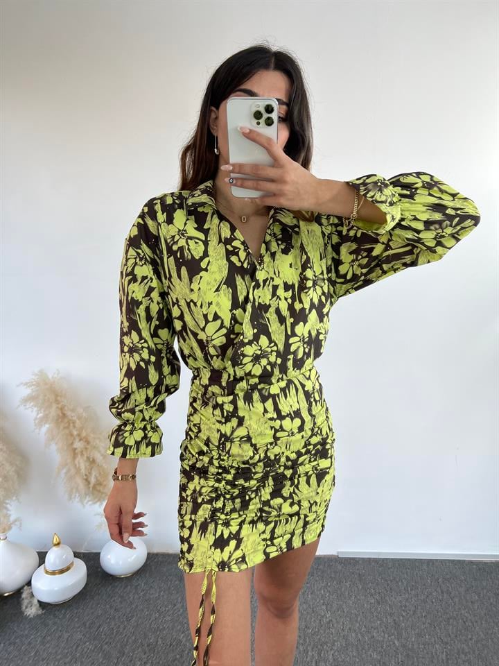 Dio Neon Sarı Çiçekli Elbise GausELBİSEGU00837