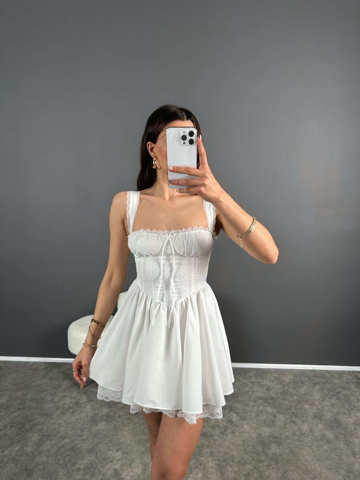 Beyaz Dantelli Prenses Mini Elbise GausELBİSEGU007944