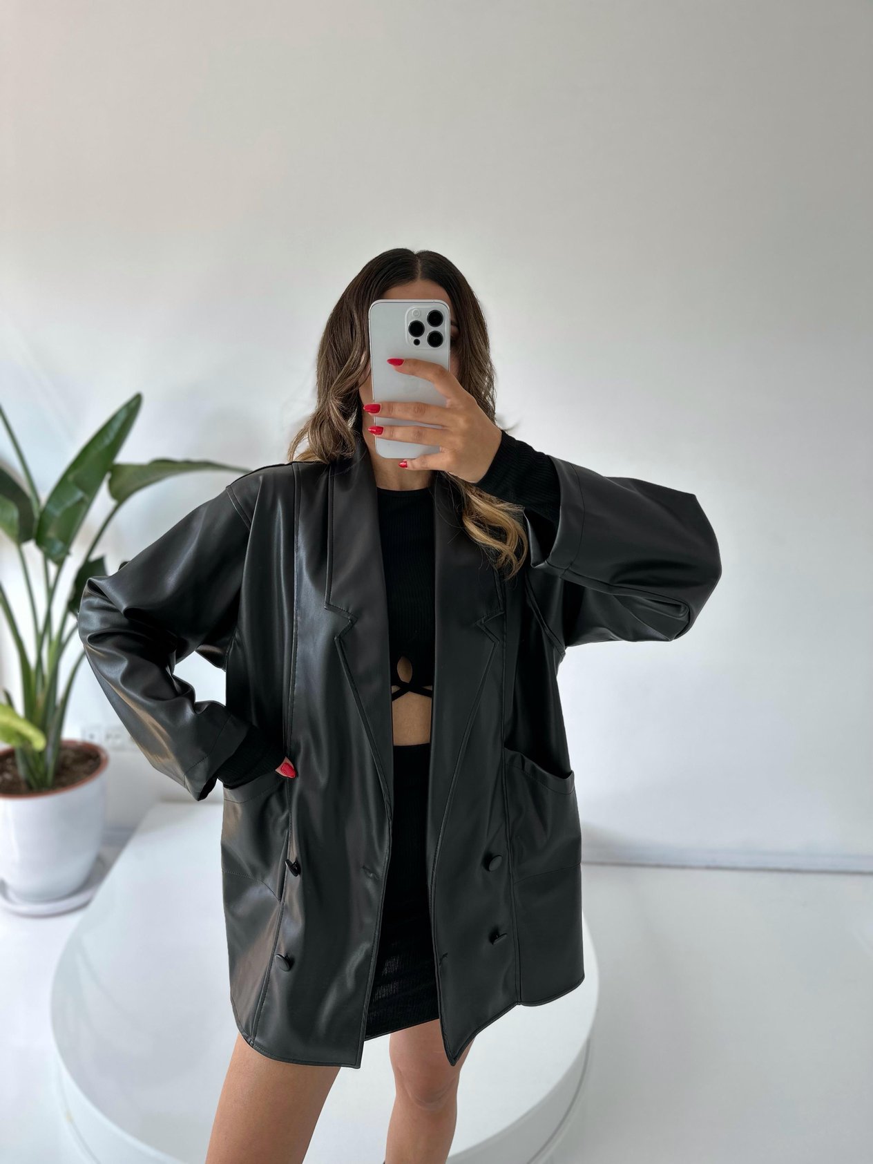 Le Siyah  Oversize Deri Ceket