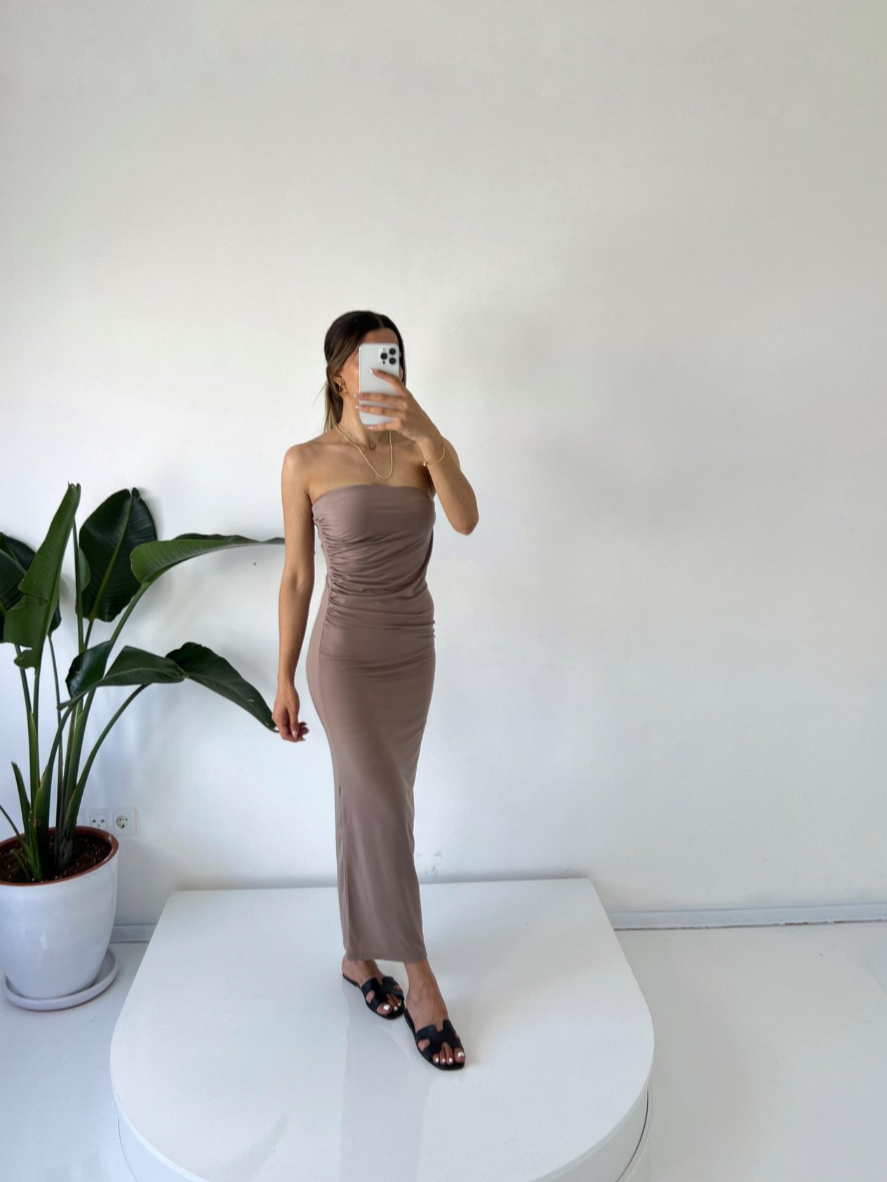Mila Nude Straplez Drapeli Maxi Elbise
