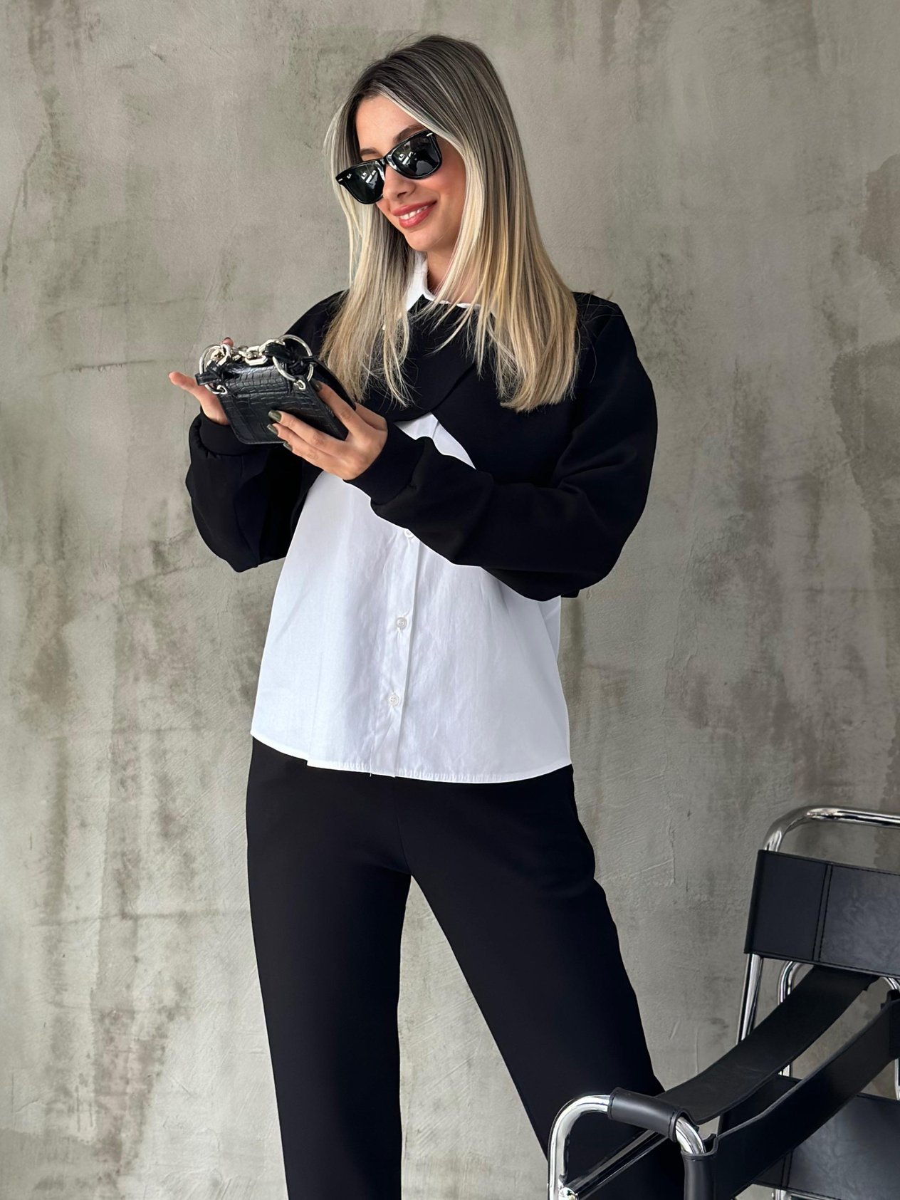 Gömlekli Modal Kısa Sweatshirt Siyah