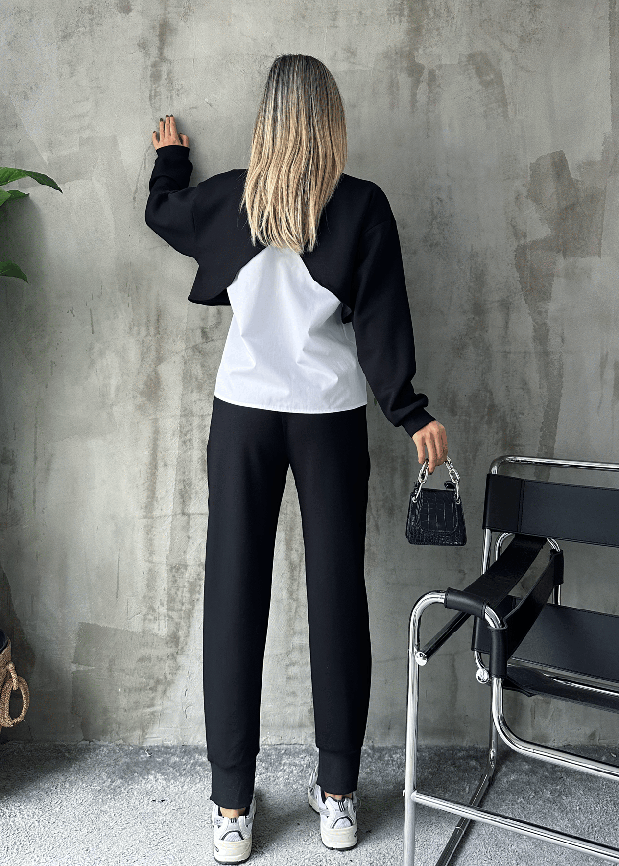 Gömlekli Modal Kısa Sweatshirt Siyah