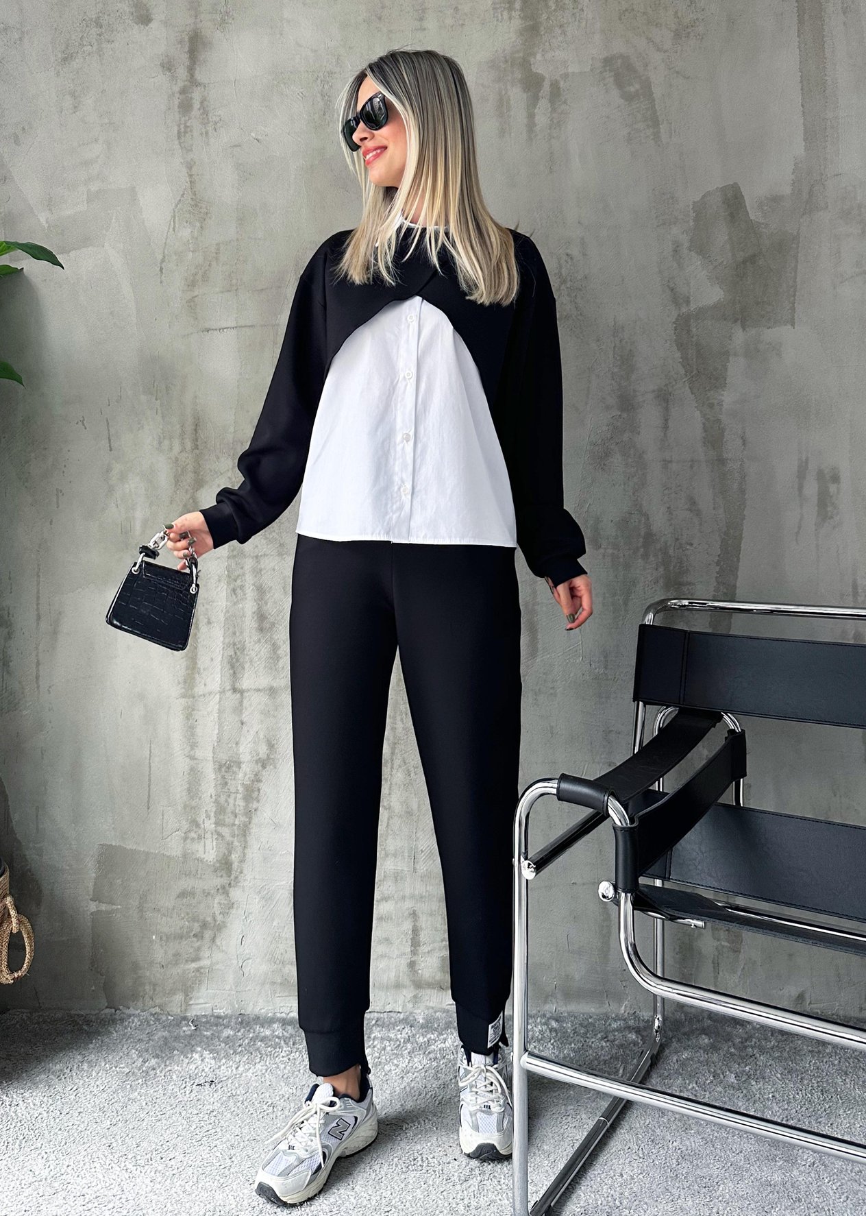 Gömlekli Modal Kısa Sweatshirt Siyah