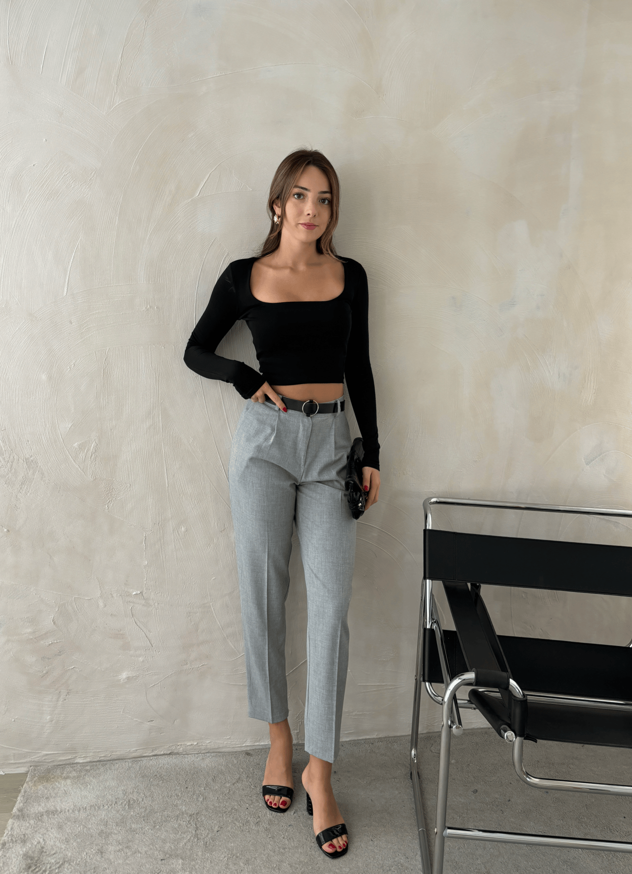 Kemerli Gabardin Pantolon Gri