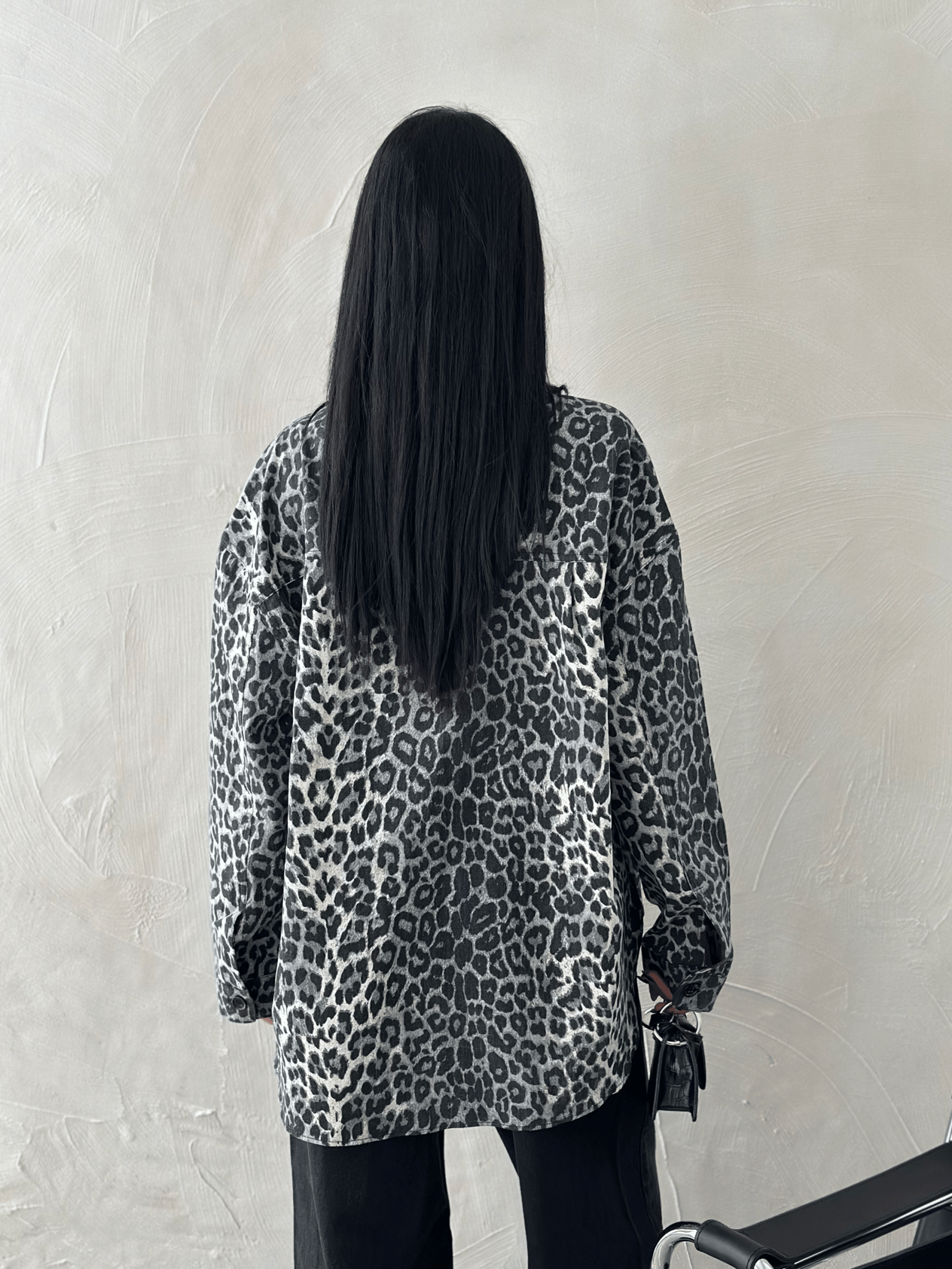 Leopar Detay Gabardin Gömlek Gri