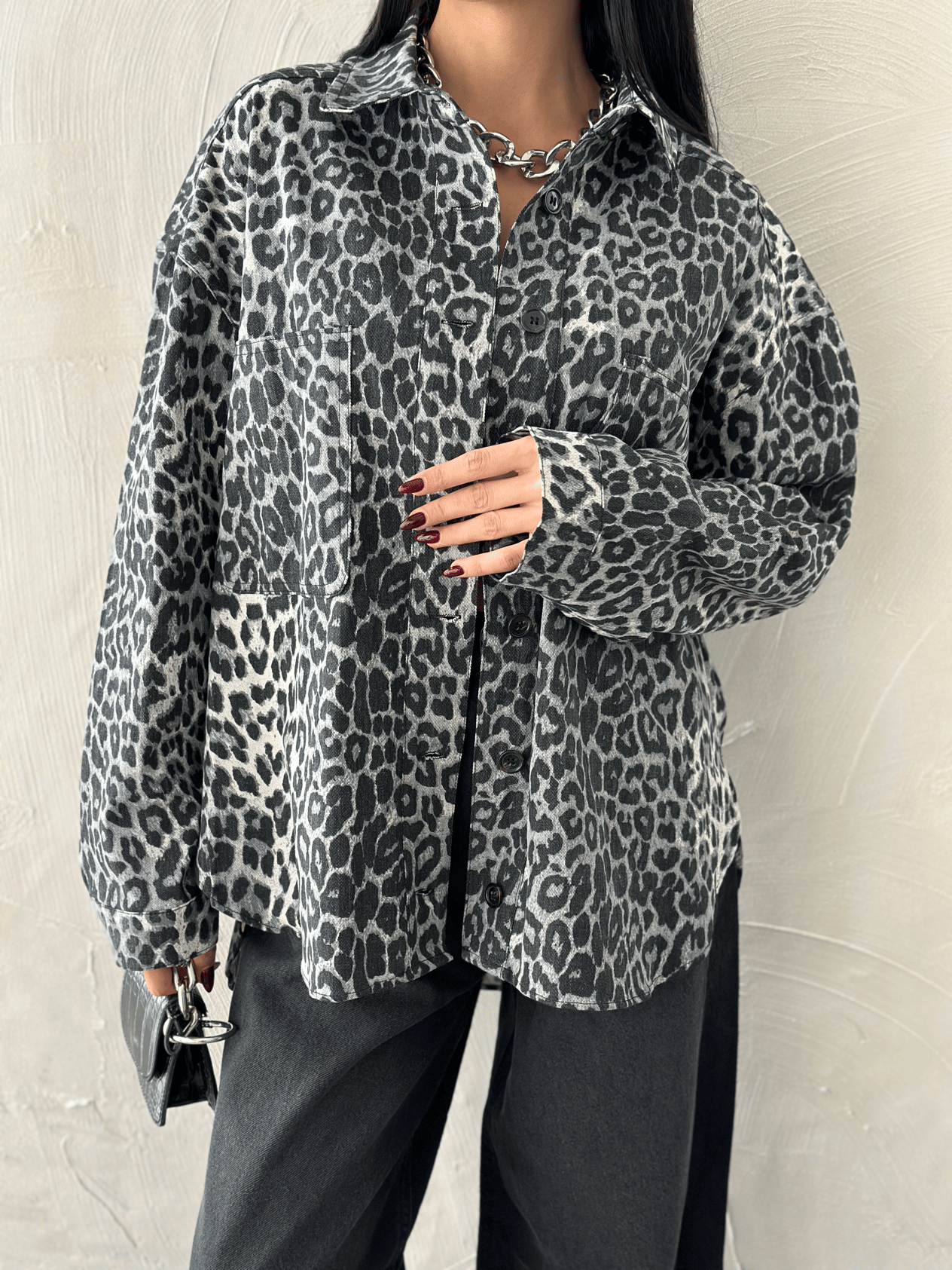 Leopar Detay Gabardin Gömlek Gri