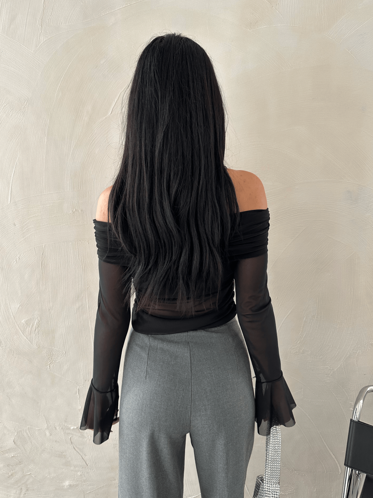 Madonna Yaka Tül Detay Crop Siyah