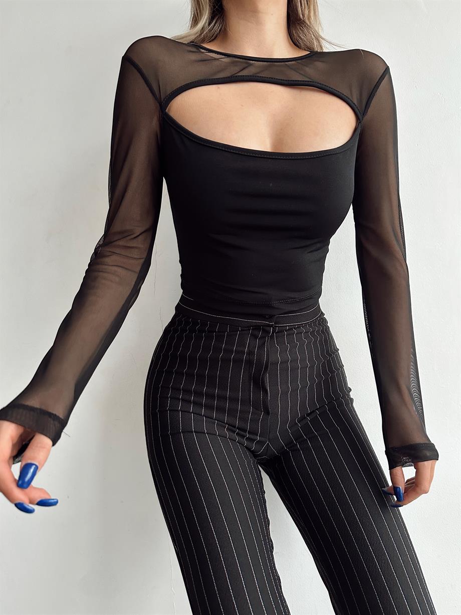 Pencereli Tül Body Siyah